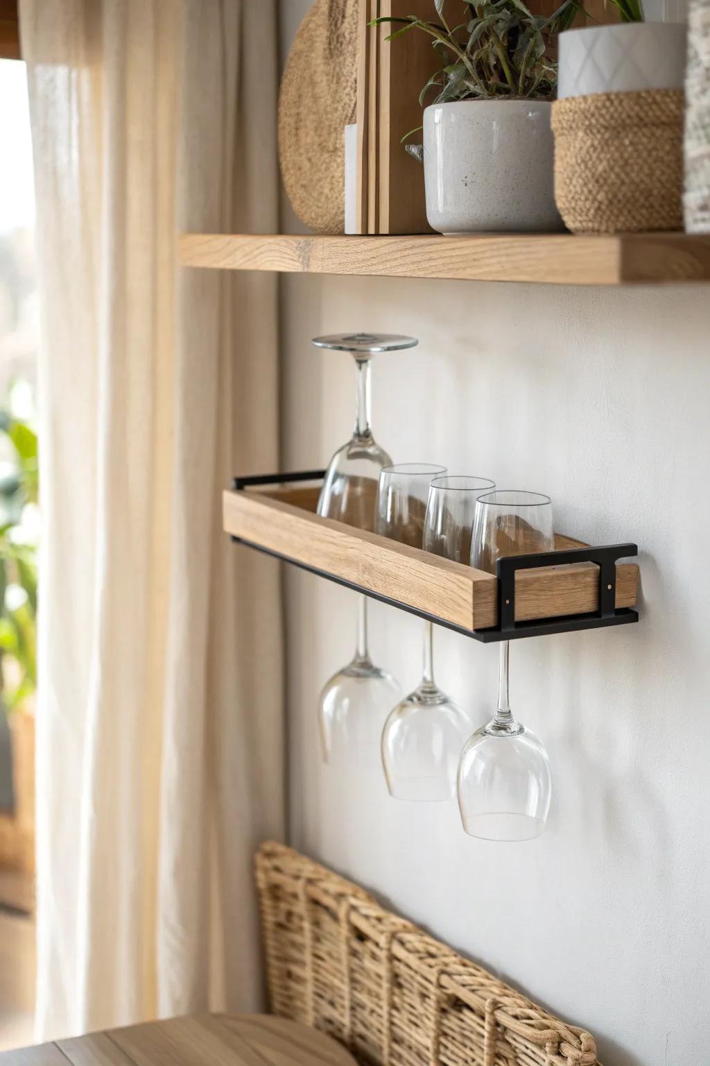 Floating corner bar shelf + stemware rack: frees cabinet space and adds boutique home‑bar polish.