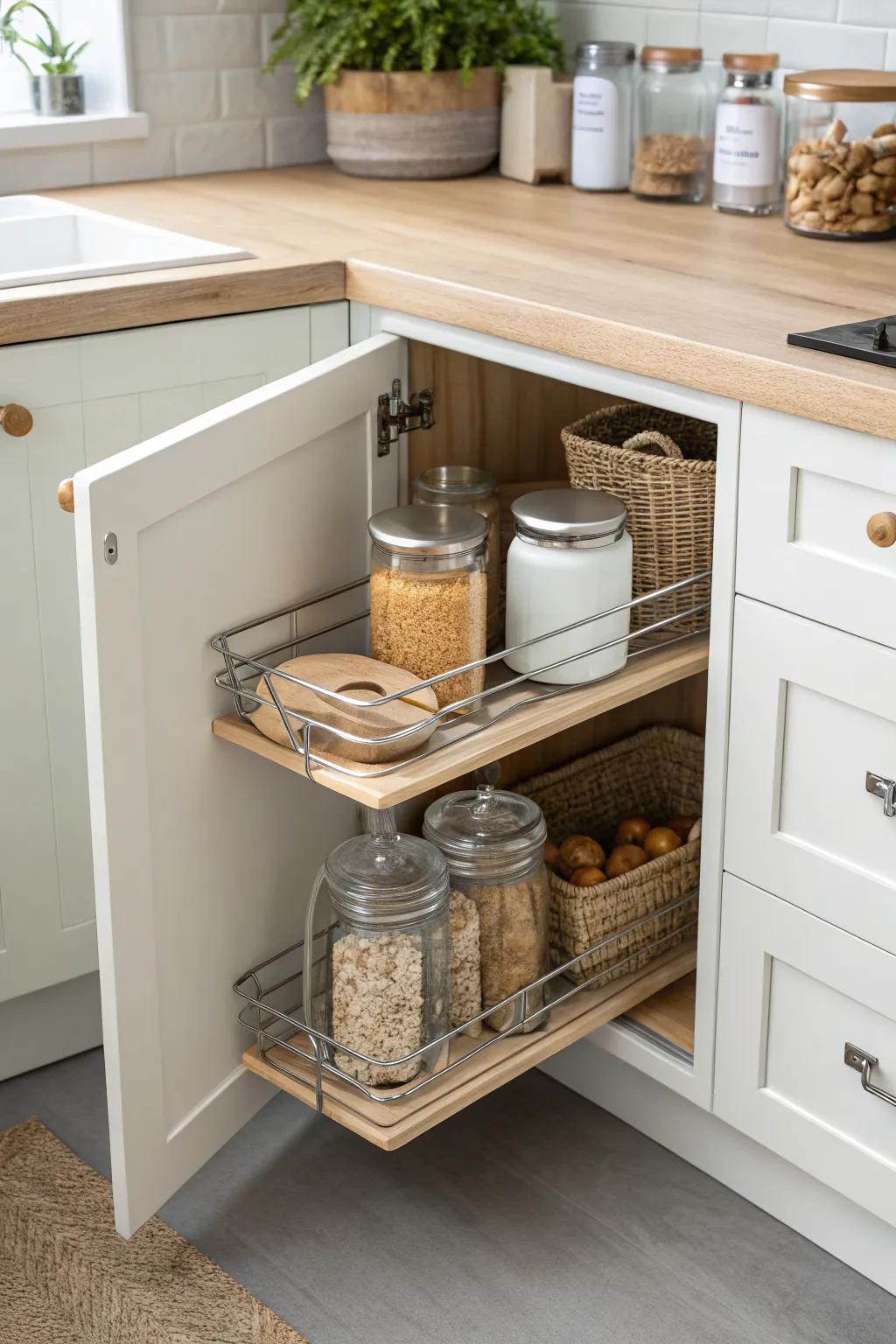 Swing-out corner baskets for full visibility—grab everything easily, even from the back.