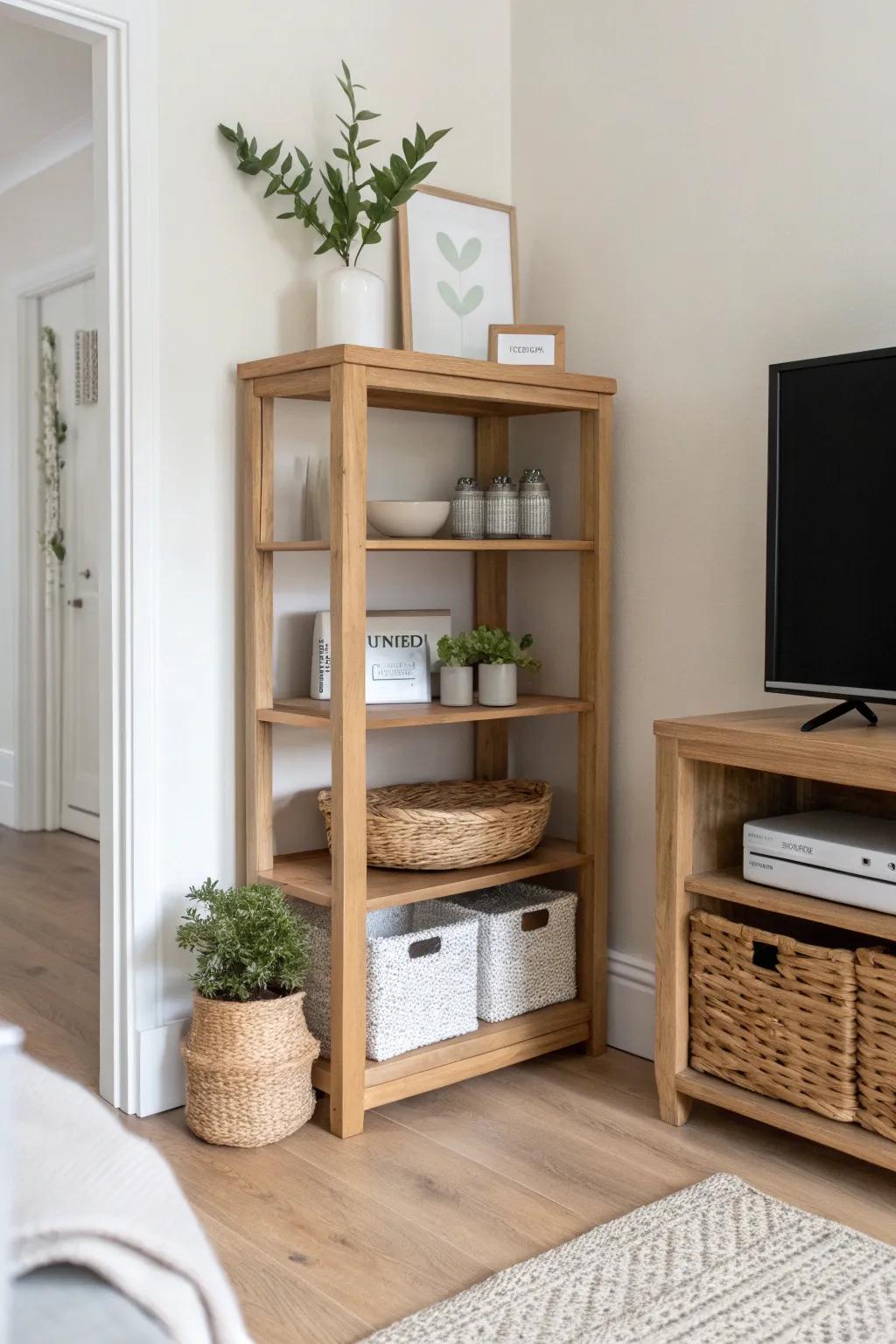 Open shelves for styling, woven baskets below—light, tidy corner entertainment storage.