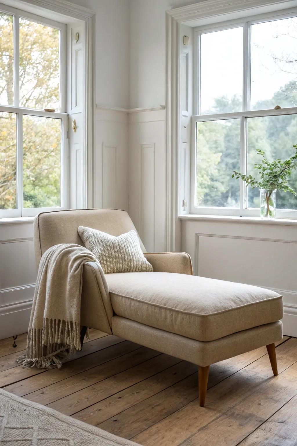 A cozy corner chaise turns an unused window nook into a clutter-free reading retreat.