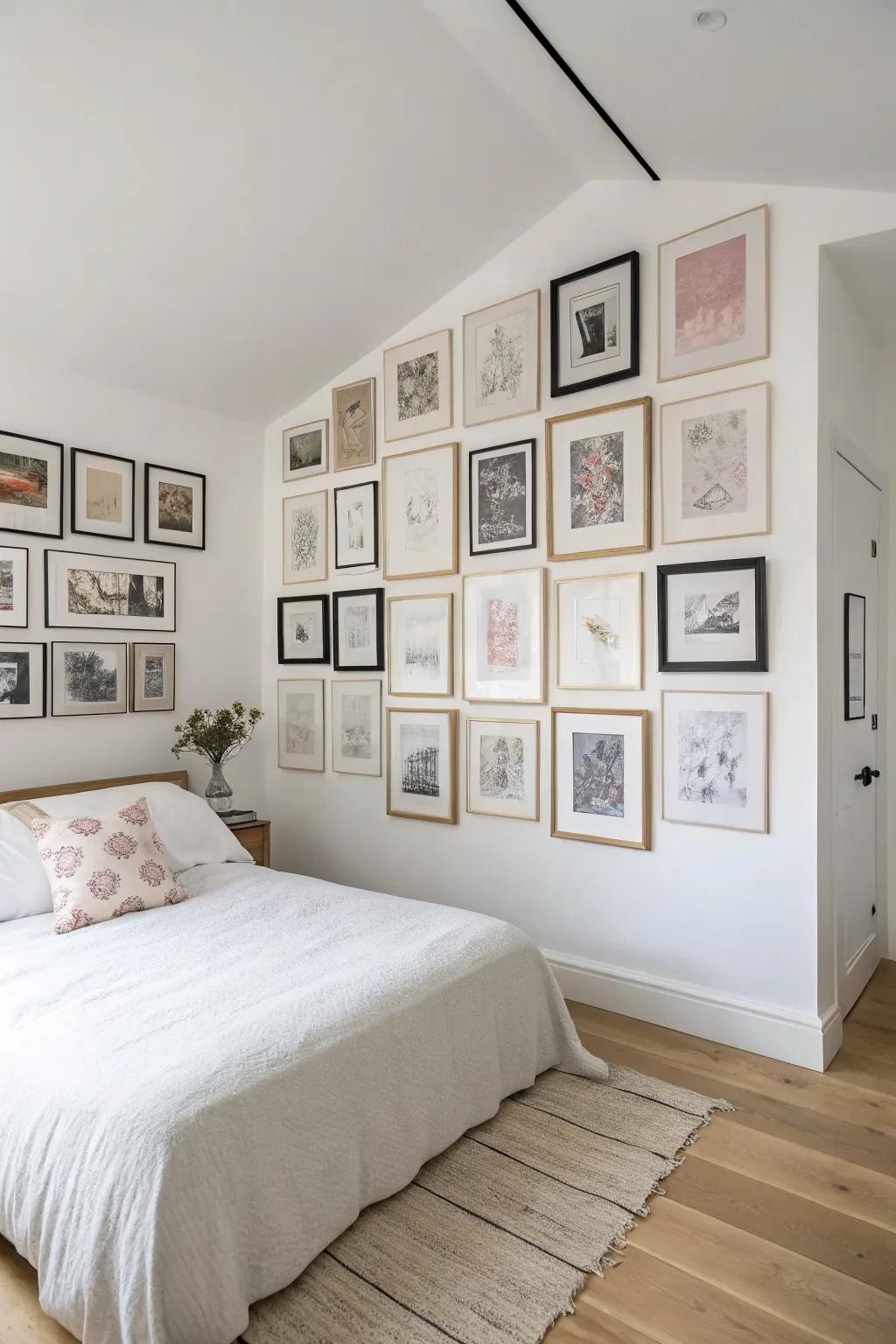 Make a small corner feel taller with a floor-to-ceiling gallery wall that wraps both sides.