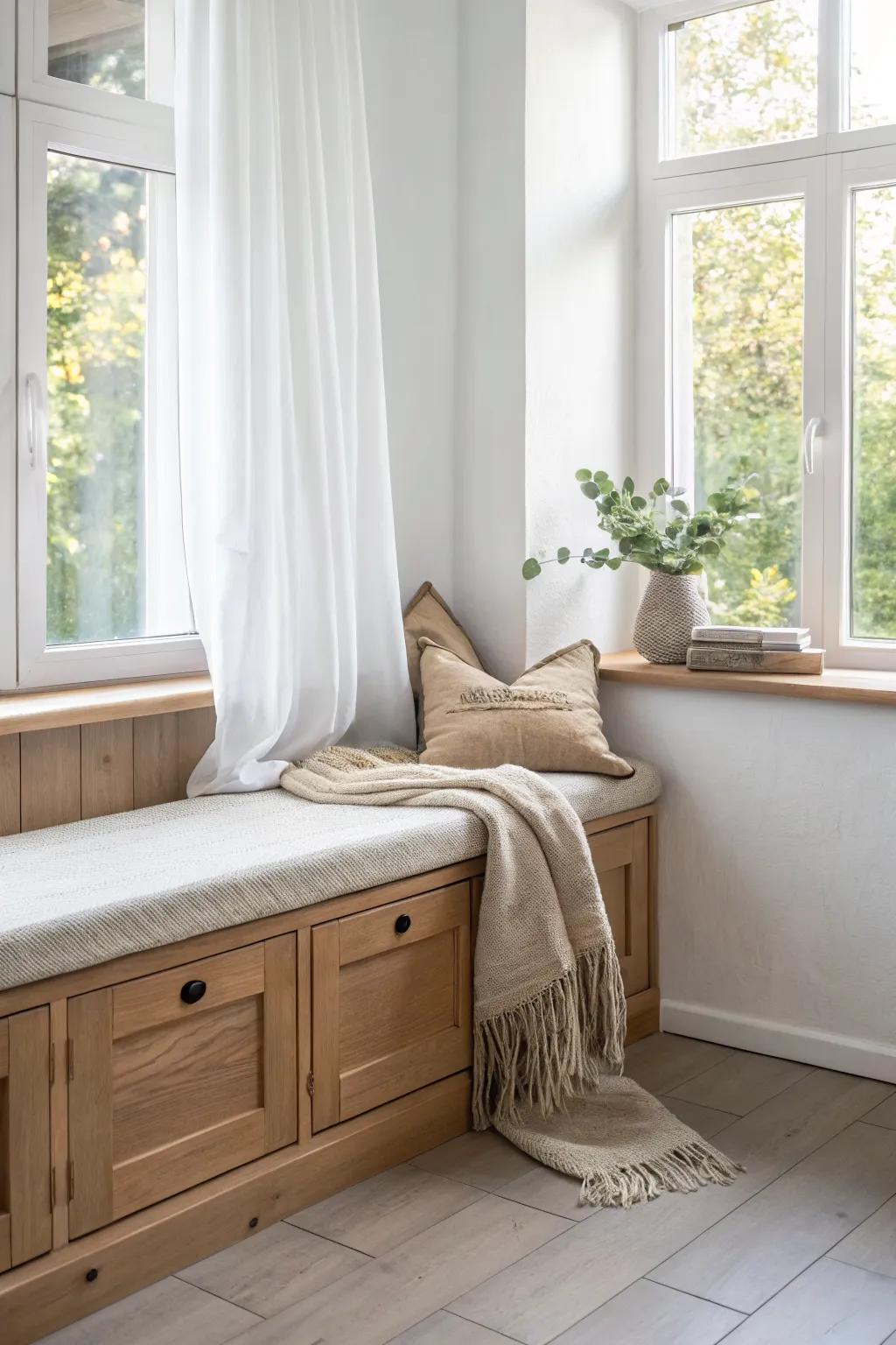 A built-in bench under the window turns any corner table into a bright, cozy coffee nook.