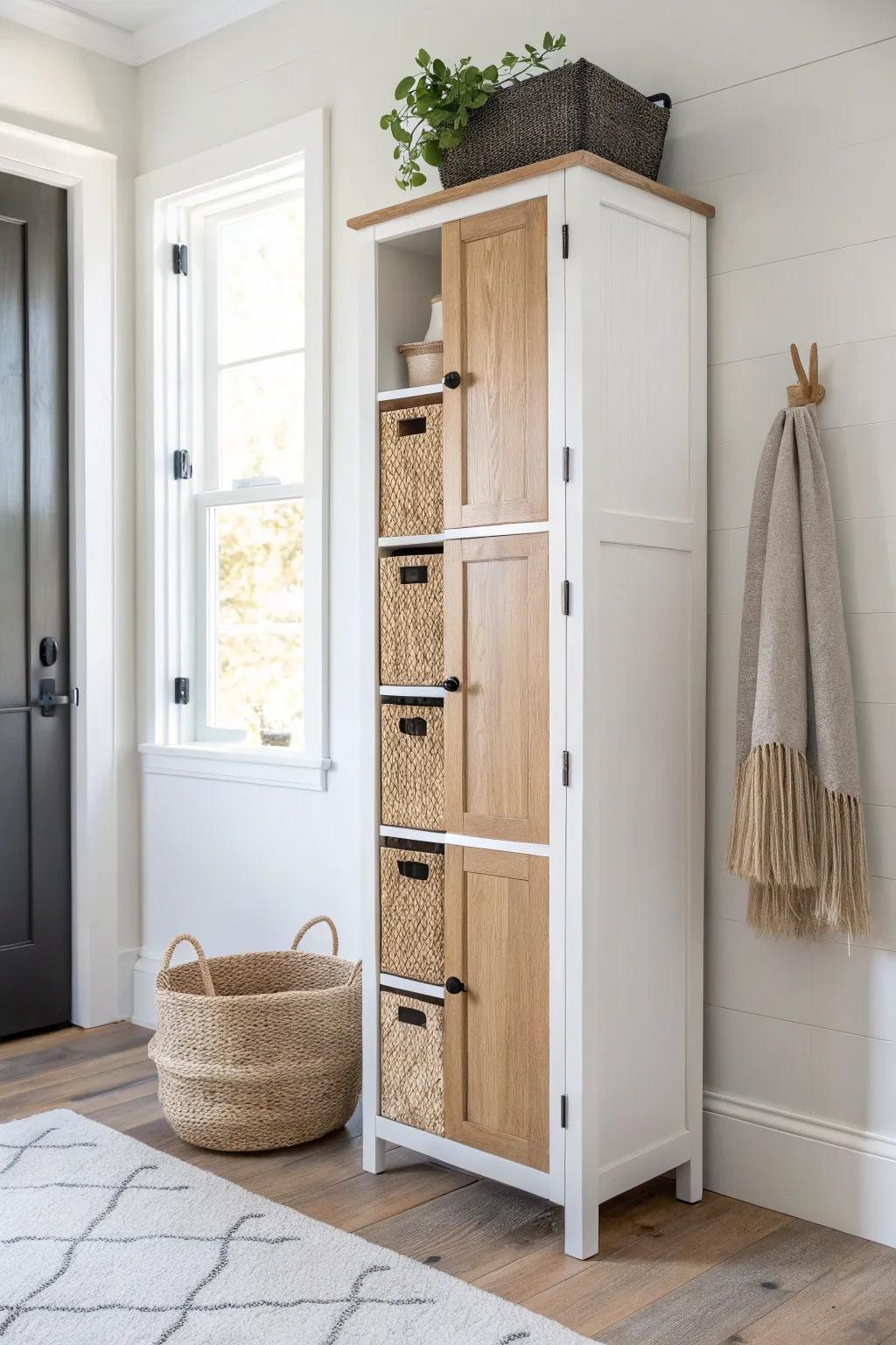 Slim corner locker tower: a tall, tidy spot for every coat and bag—no wall required.