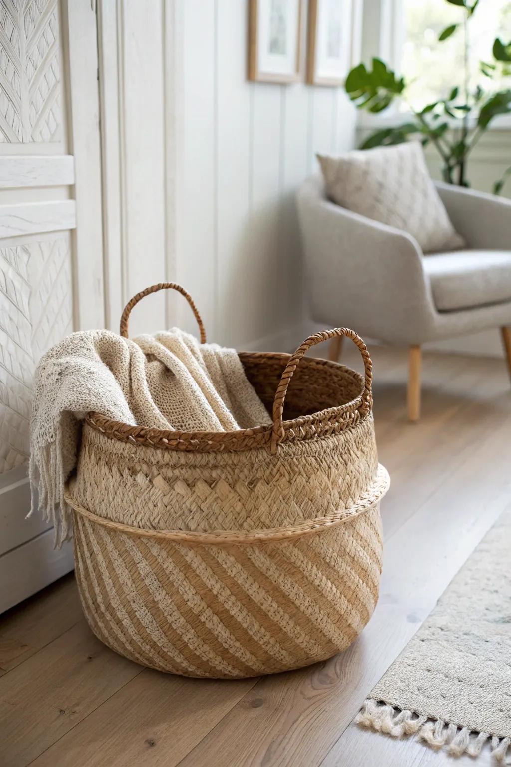A woven basket keeps your corner reading nook tidy—stash throws and a pillow in style.