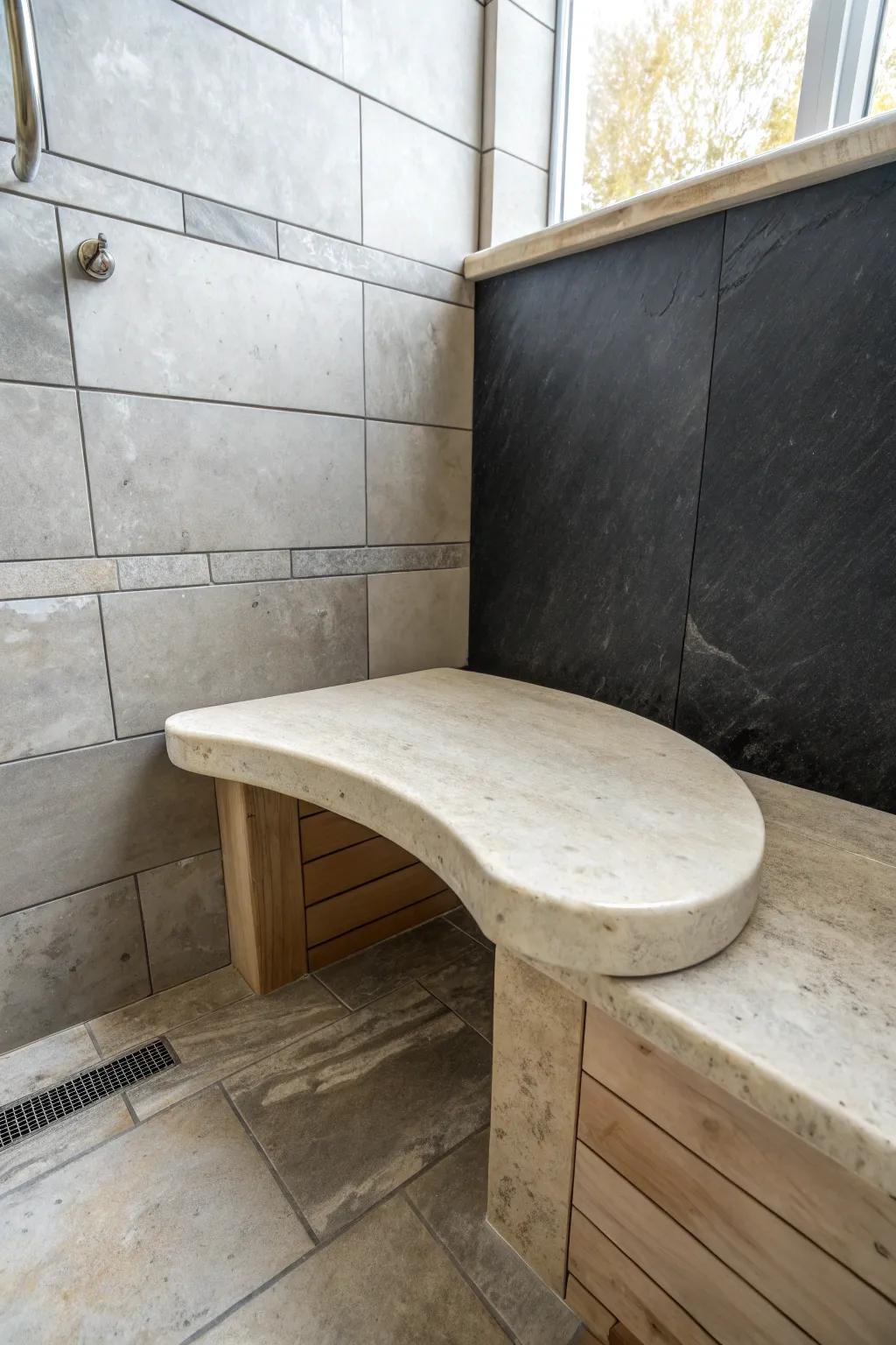 Curved corner bench brings a spa-soft feel to small showers—no sharp angles, all calm.