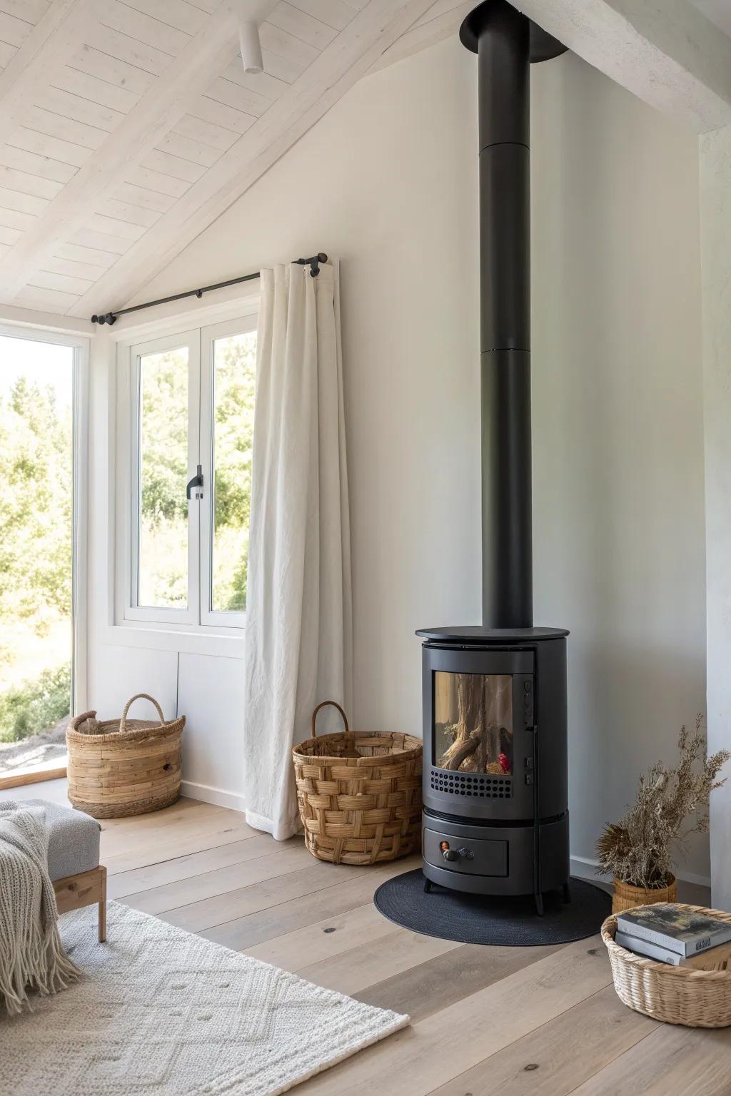 Let the vertical stove pipe become a sleek design line that visually lifts your corner stove.
