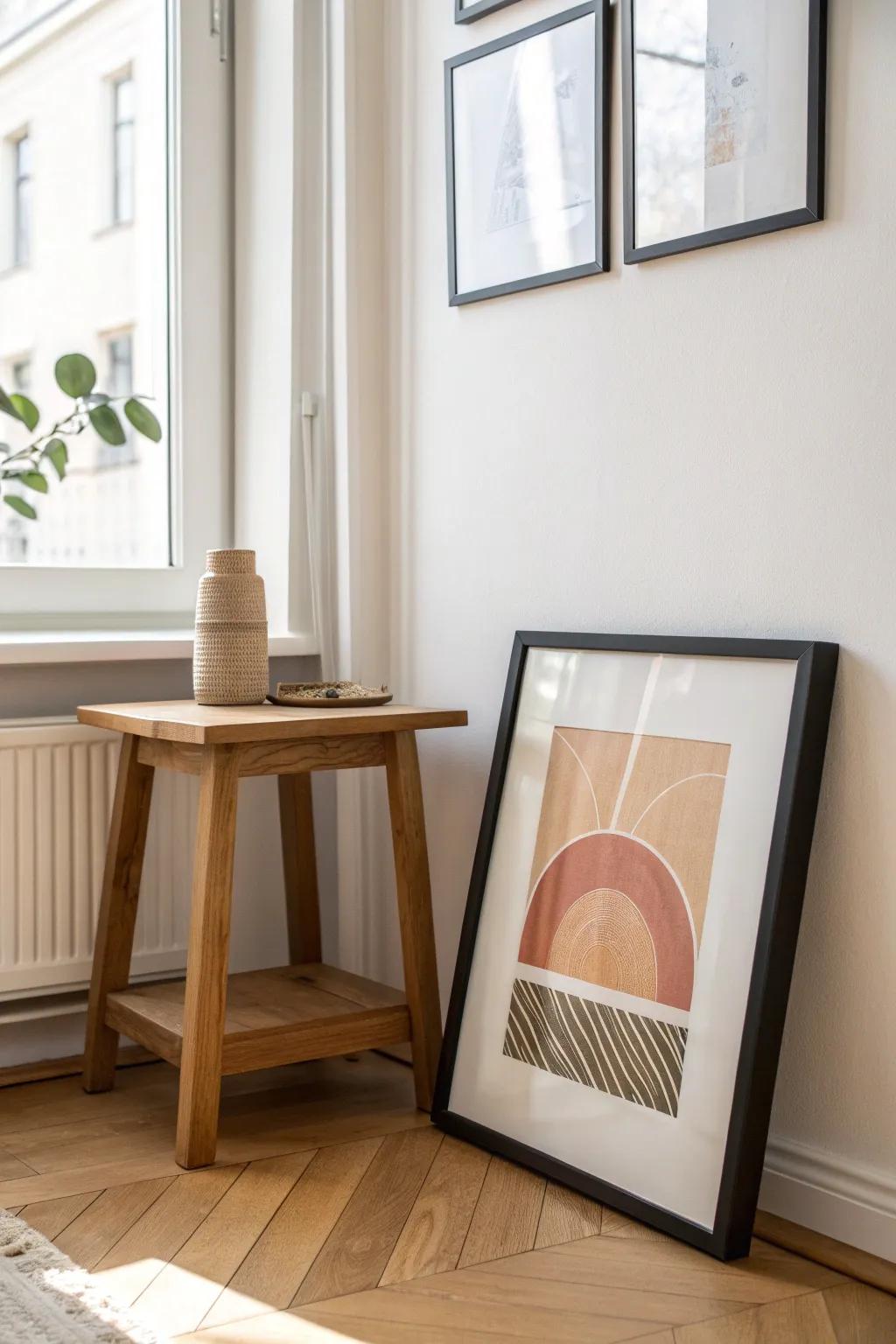 Lean a framed print behind your corner table for height and renter-friendly style.