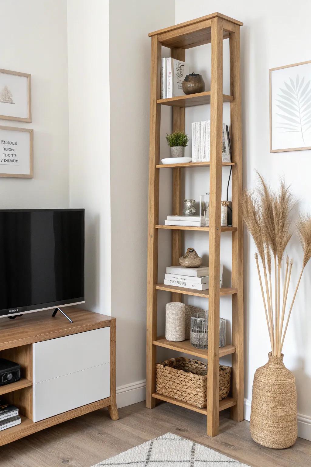 Go vertical: a tall corner TV shelf tower that saves floor space and keeps styling light up top.
