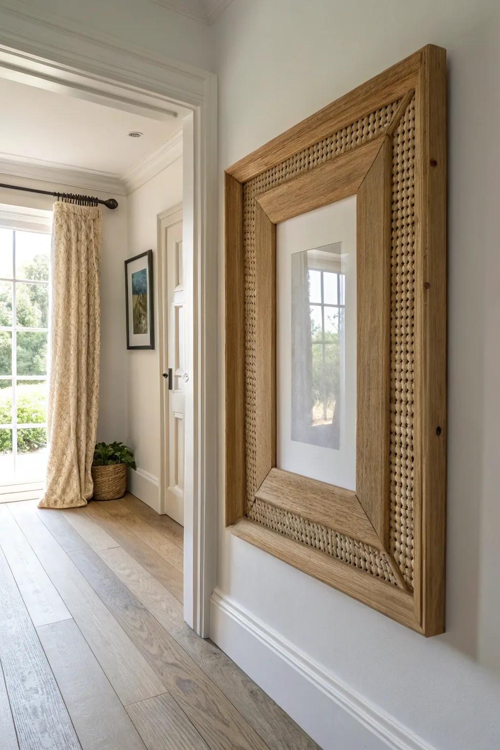 Handcrafted corner art that elegantly frames a doorway and turns a hallway corner into a mini gallery.