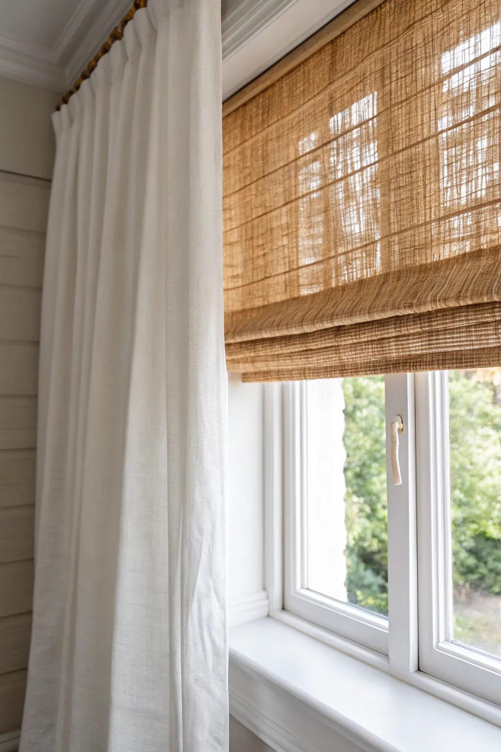 Layer woven shades with soft linen drapes for cozy corner windows—day privacy, evening glow.