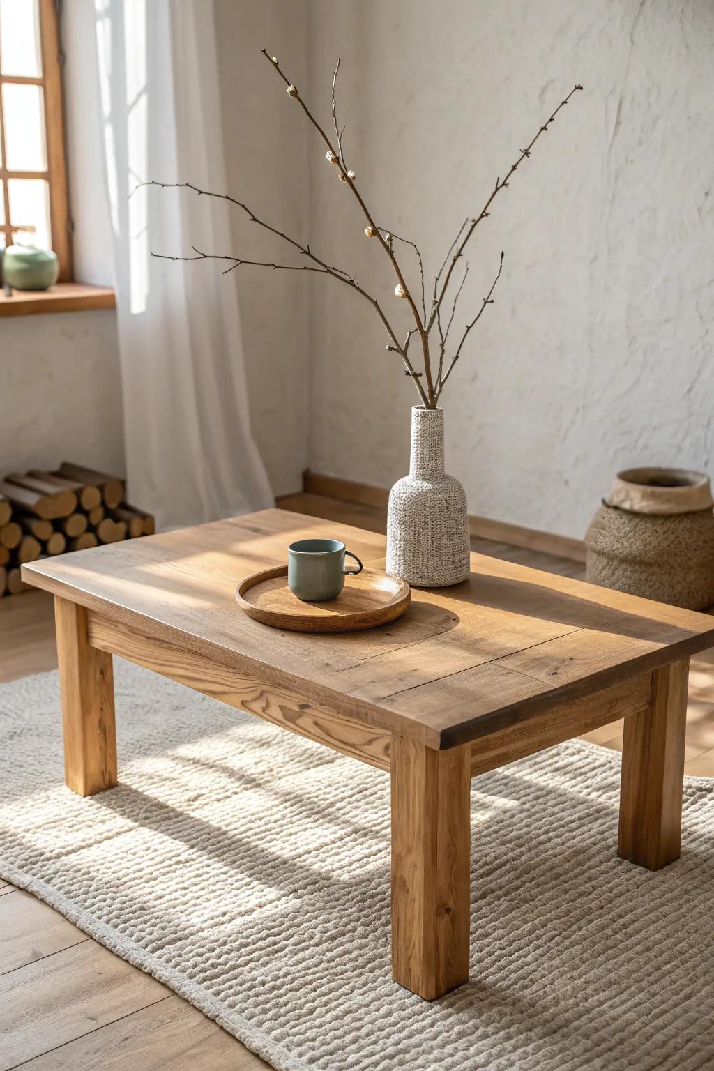 Low coffee table styling for a couchless lounge—cozy, minimal, and perfect for small spaces.