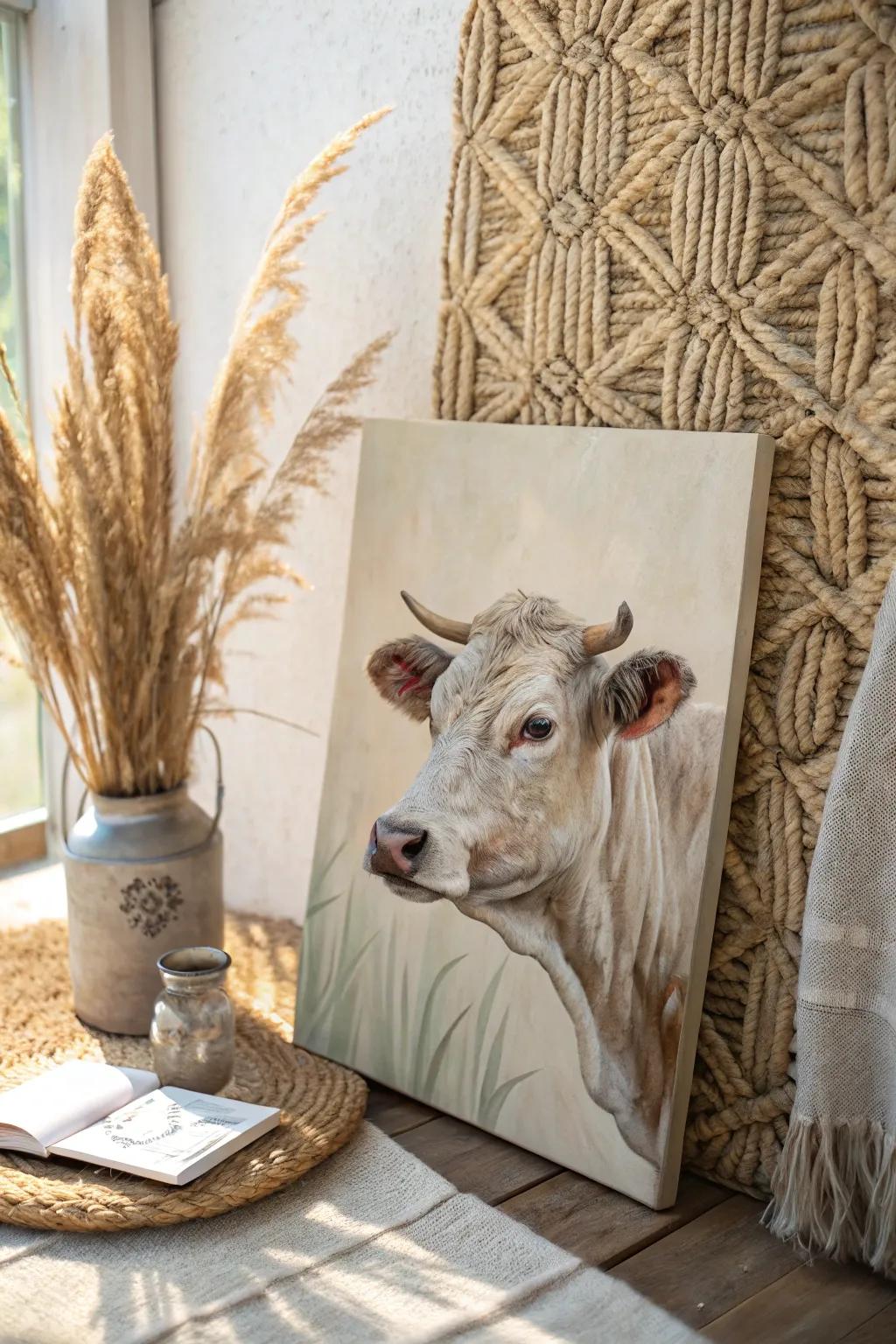 Elevate your art with the rustic charm of textured backgrounds in cow paintings.