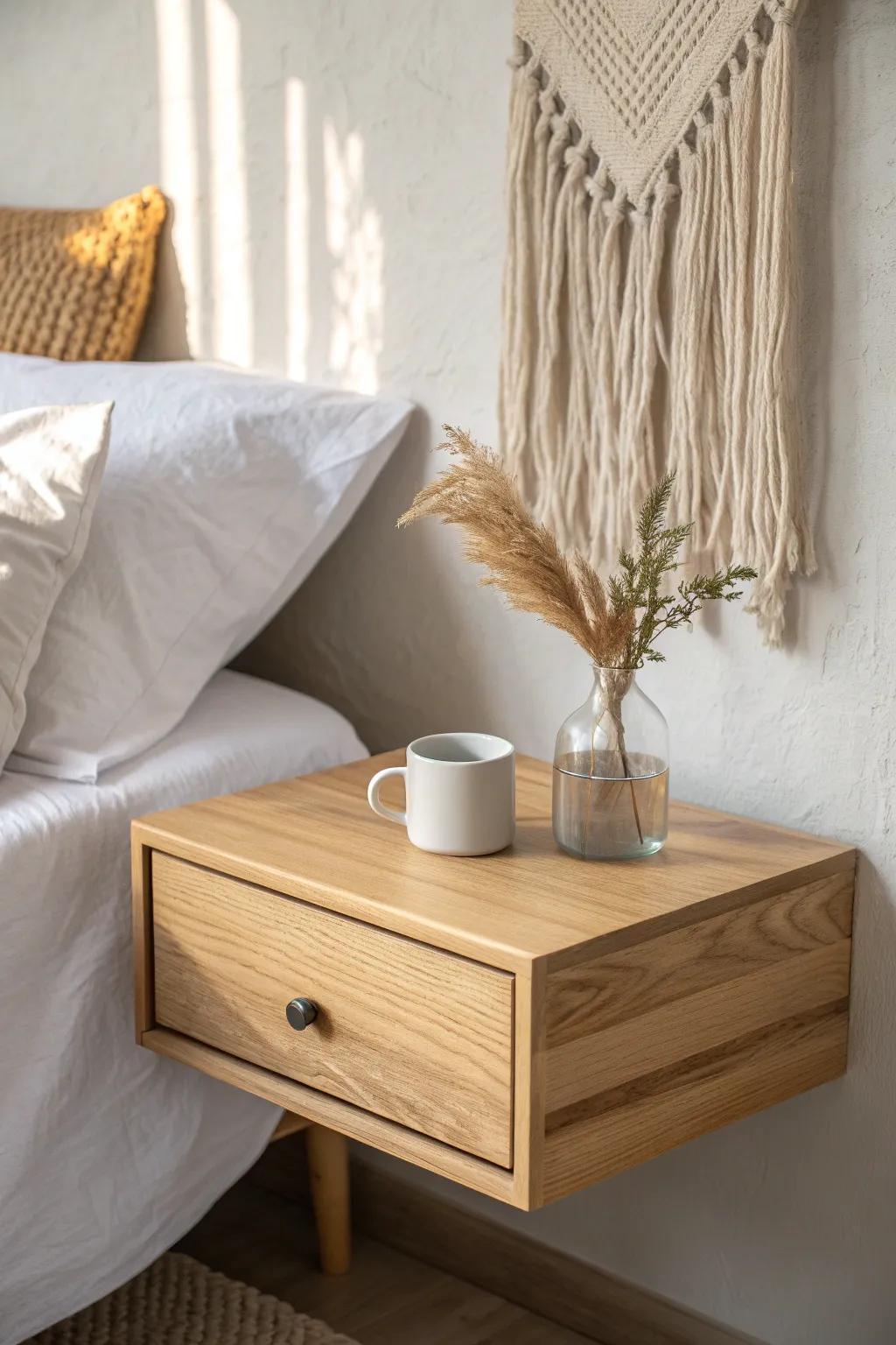 Floating nightstand in warm oak—more floor space, easier cleaning, and a lighter bedroom feel.