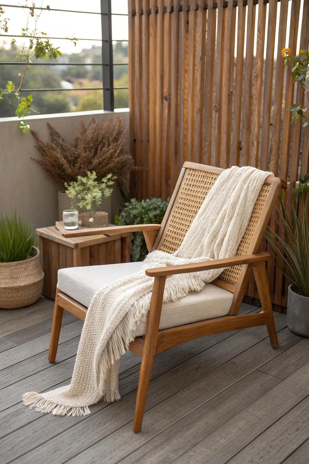 A single cozy accent chair turns a deck corner into your own calm coffee-and-journaling spot.