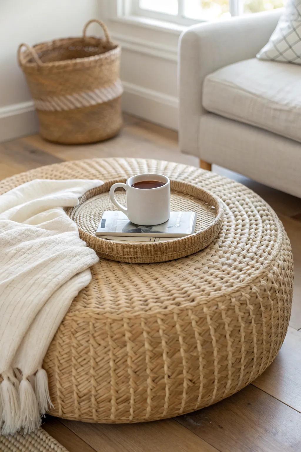 A soft ottoman + woven tray makes the coziest coffee table for small den spaces.