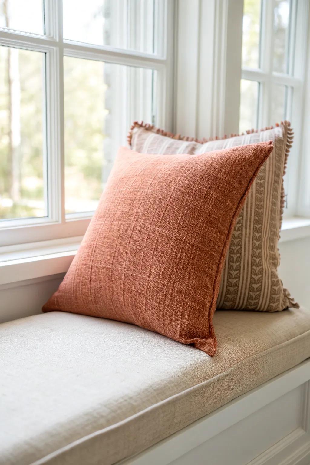 Light neutrals + one terracotta accent pillow make a small sunroom feel instantly cozy.