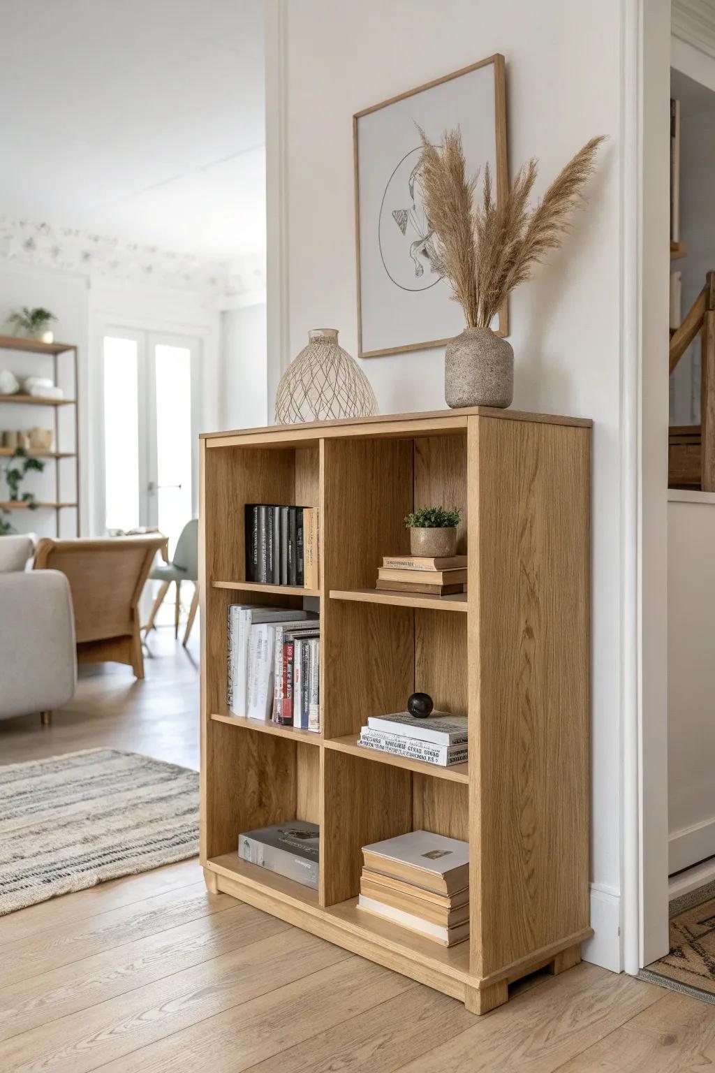 A half-height bookcase divider that keeps light flowing while adding stylish storage.