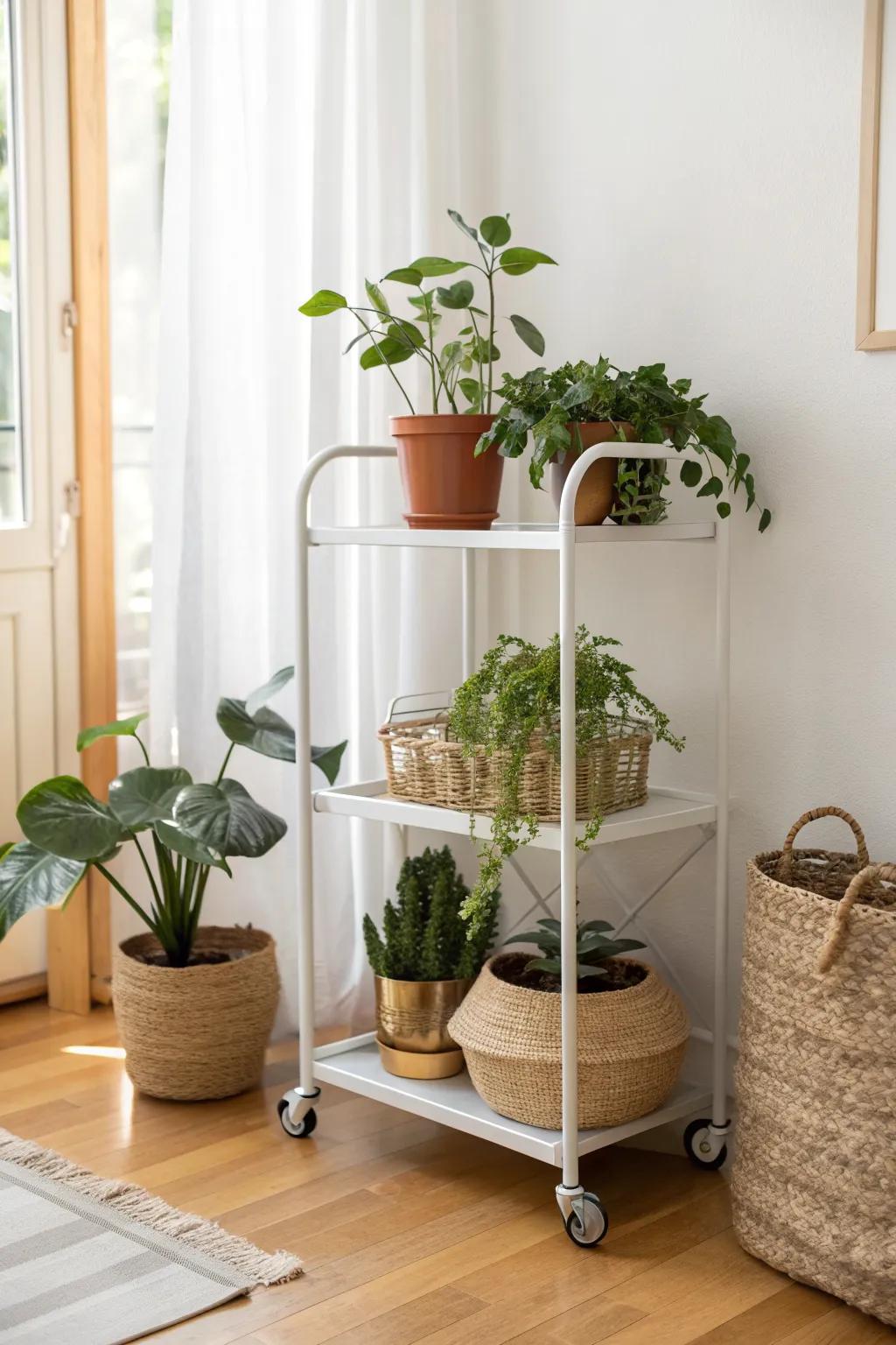 Roll your greenery to the sun—this rolling cart plant stand makes watering day effortless.
