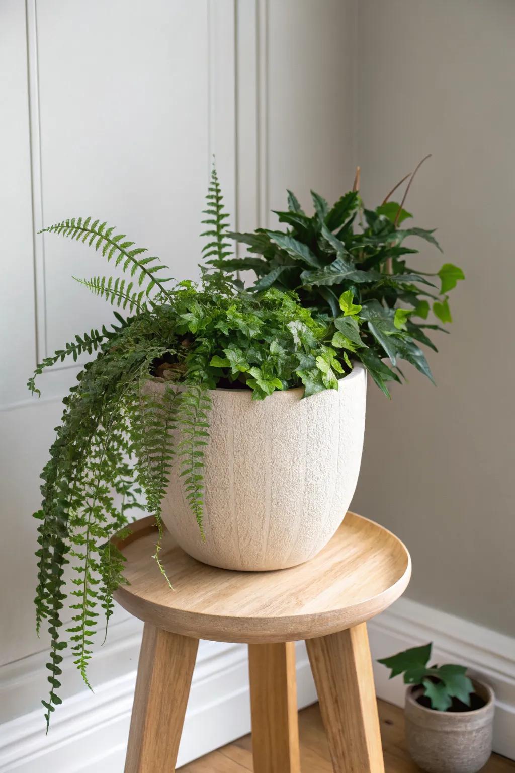 All-green texture mix: deep greens topped with a bright Creeping Jenny spill for easy, lush style.