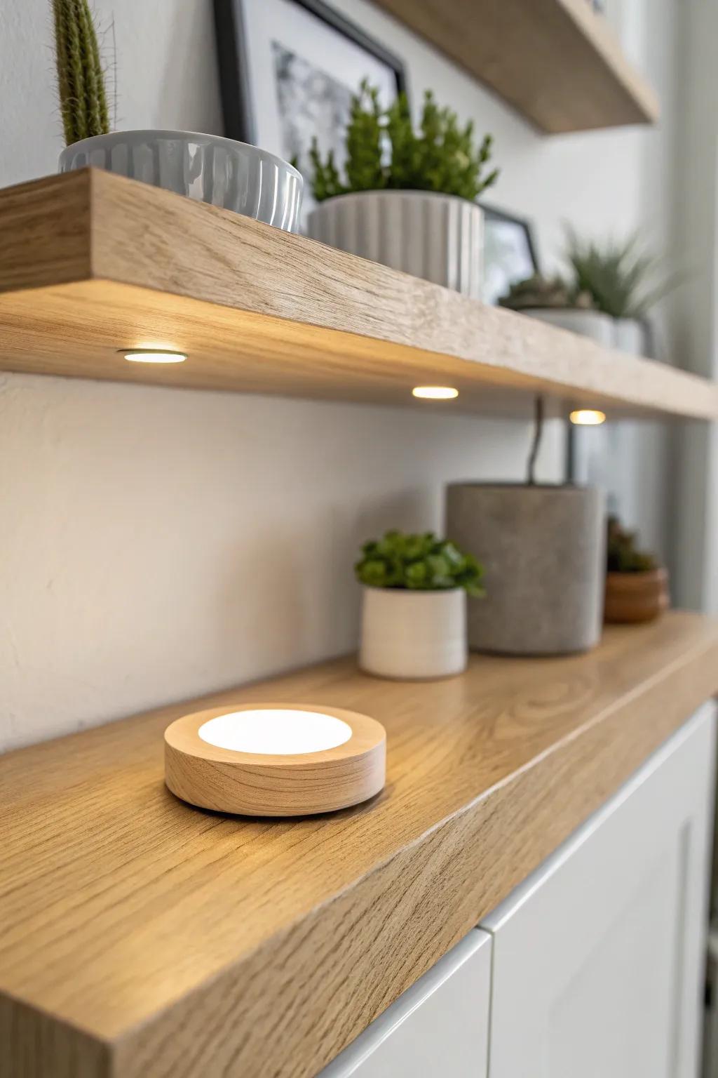 Battery puck light under a shelf—warm, focused glow that instantly fixes cubicle dark spots.