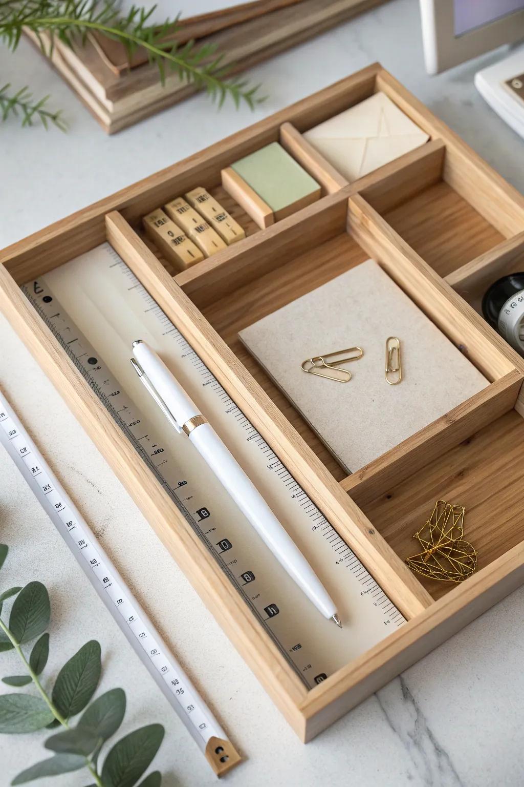 Turn a junk drawer into a cubicle-ready supply station with purposeful bamboo dividers.