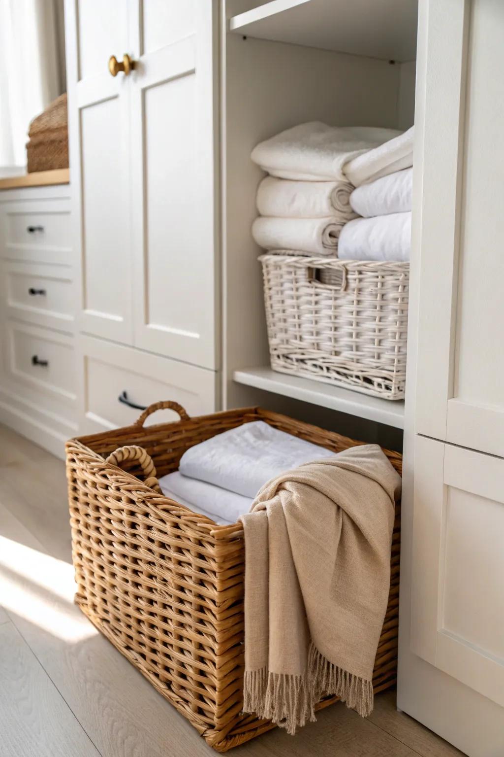 Pull-out baskets keep linens and scarves tidy—no more overstuffed shelves in small closets.