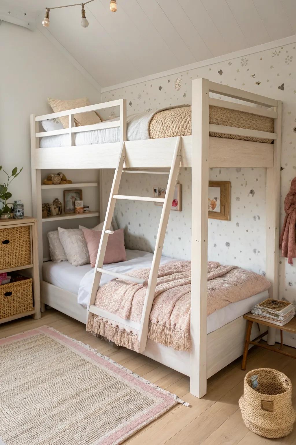 Loft-over-lower bed: two cozy sleep zones in one small room, big-sis/little-sis harmony.