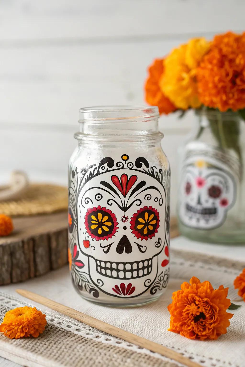 Elevate your home decor with a touch of Day of the Dead artistry—simple jars turned into stunning statement pieces!