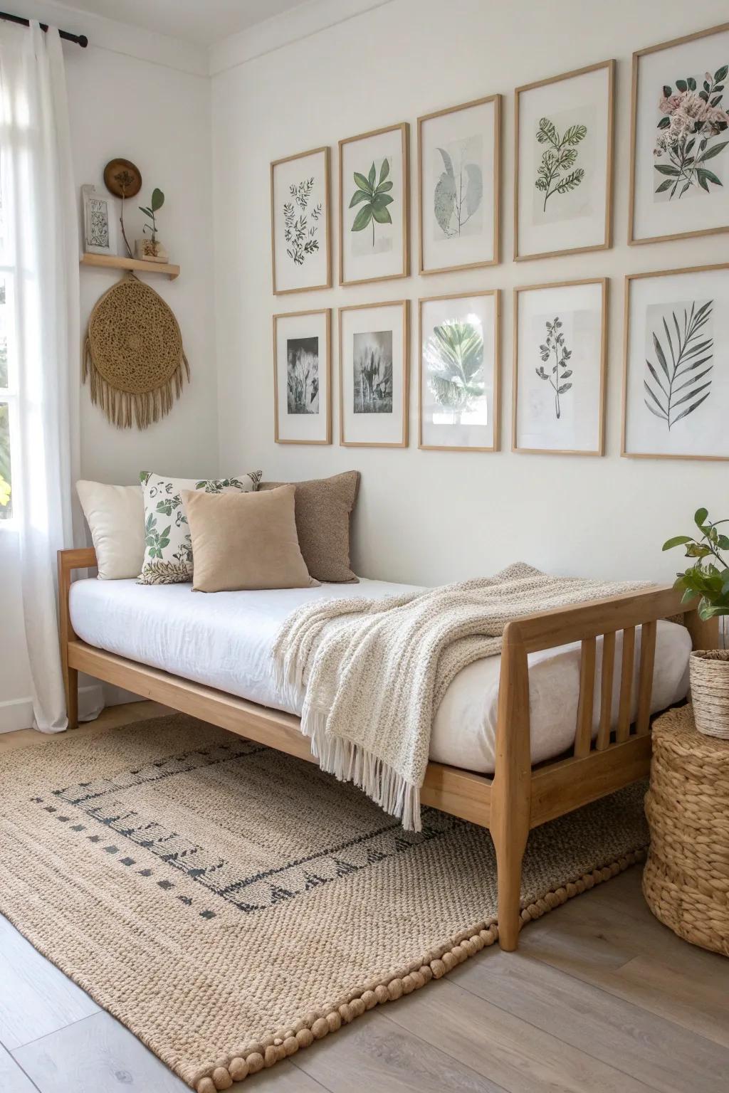 A calm daybed nook framed by a minimalist gallery wall—cozy, curated, and space-smart.
