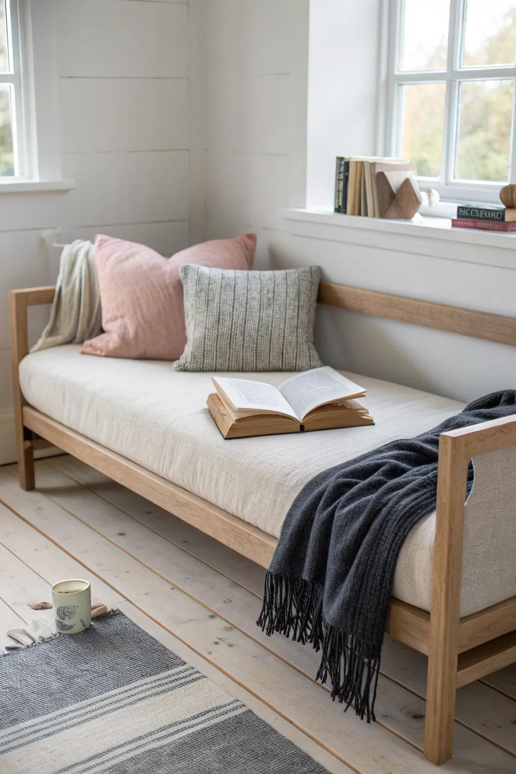 Turn an empty corner into a cozy reading spot with a daybed, soft textiles, and a good book.