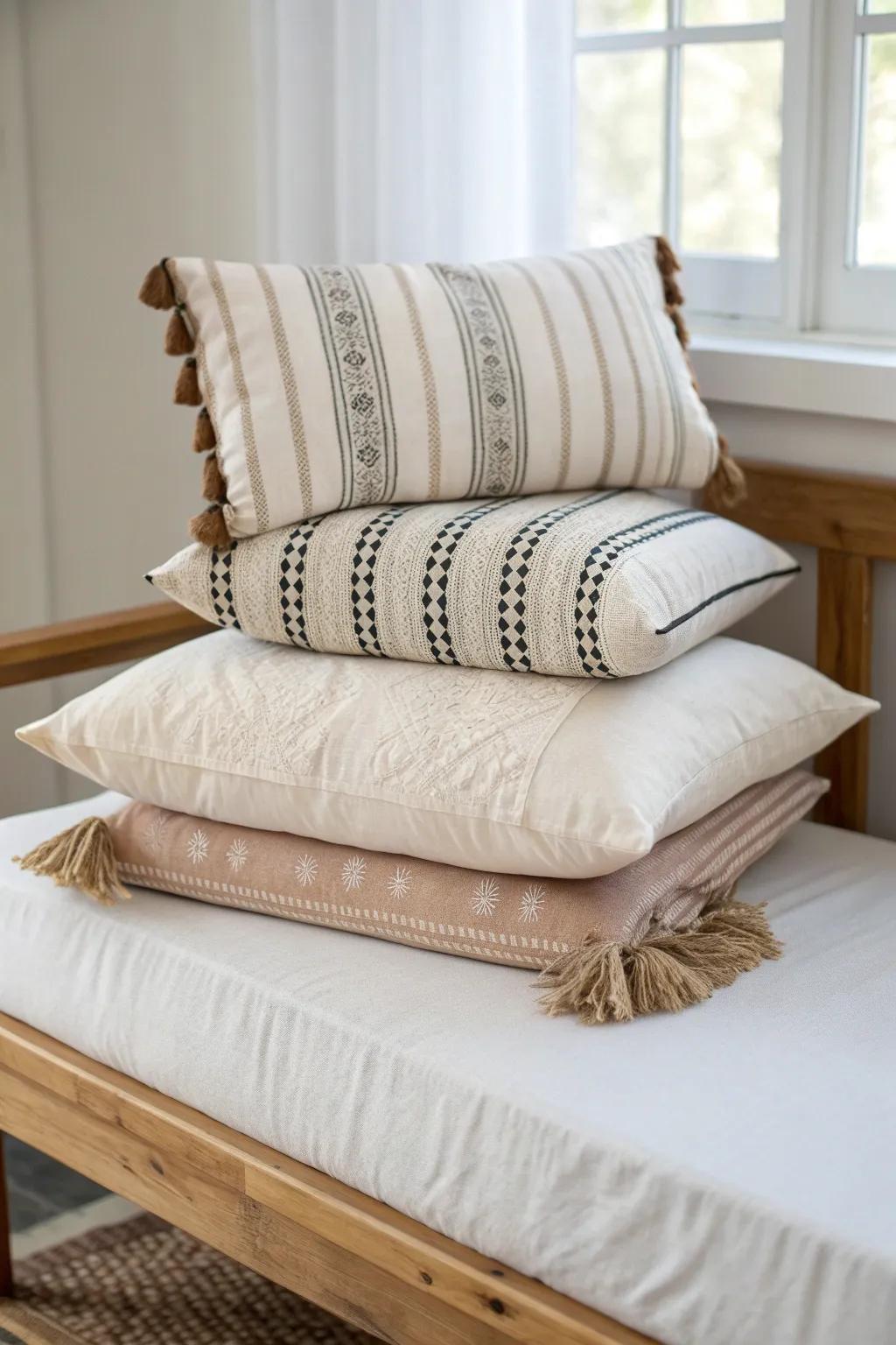 Foolproof daybed pillow mix: one stripe, one tiny print, one solid texture—layered, not loud.