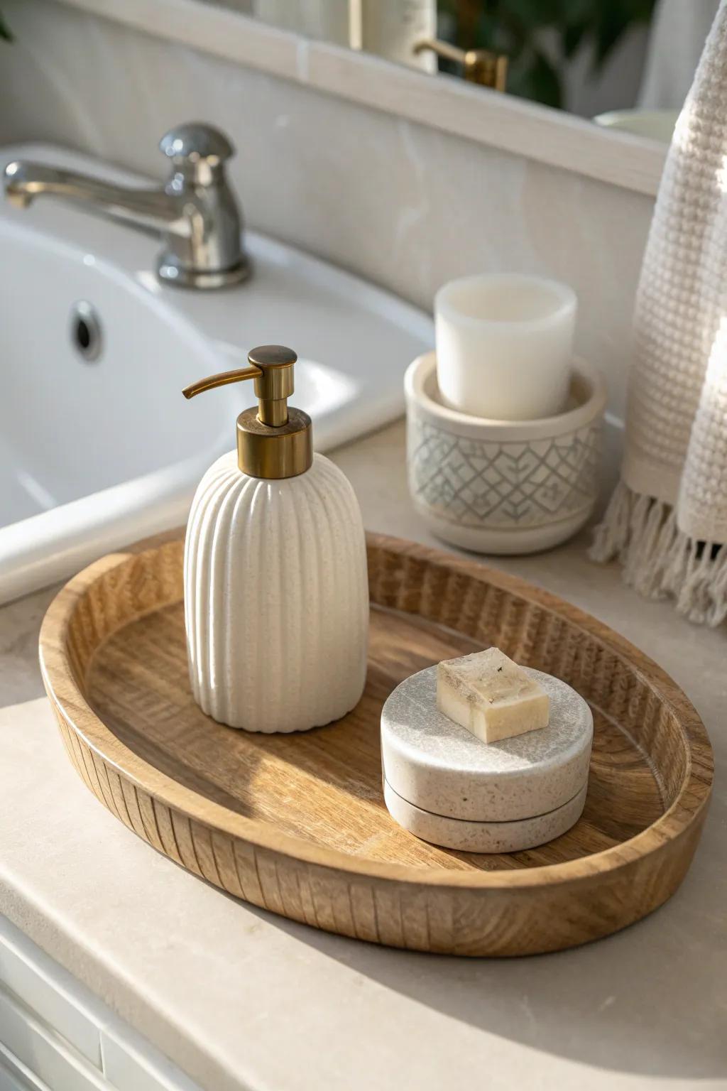 A simple tray corrals soap and a candle, creating a calm, clutter-free sink moment.