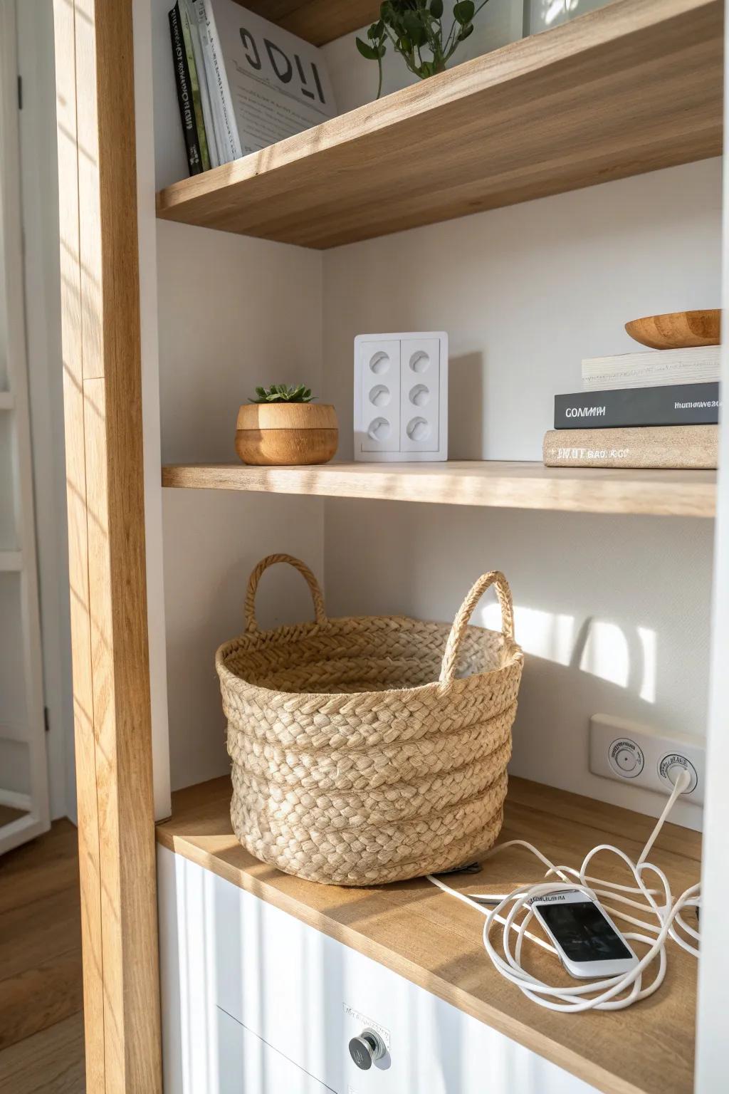 A woven basket on the lower shelf hides cables neatly while keeping built-ins styled.