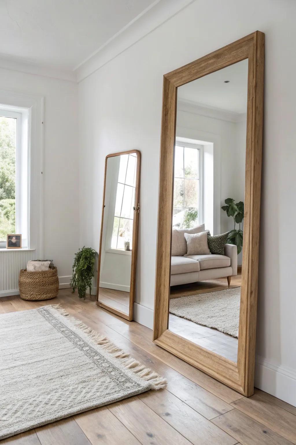 A wide horizontal mirror visually stretches a narrow room—simple, airy, and instantly brighter.