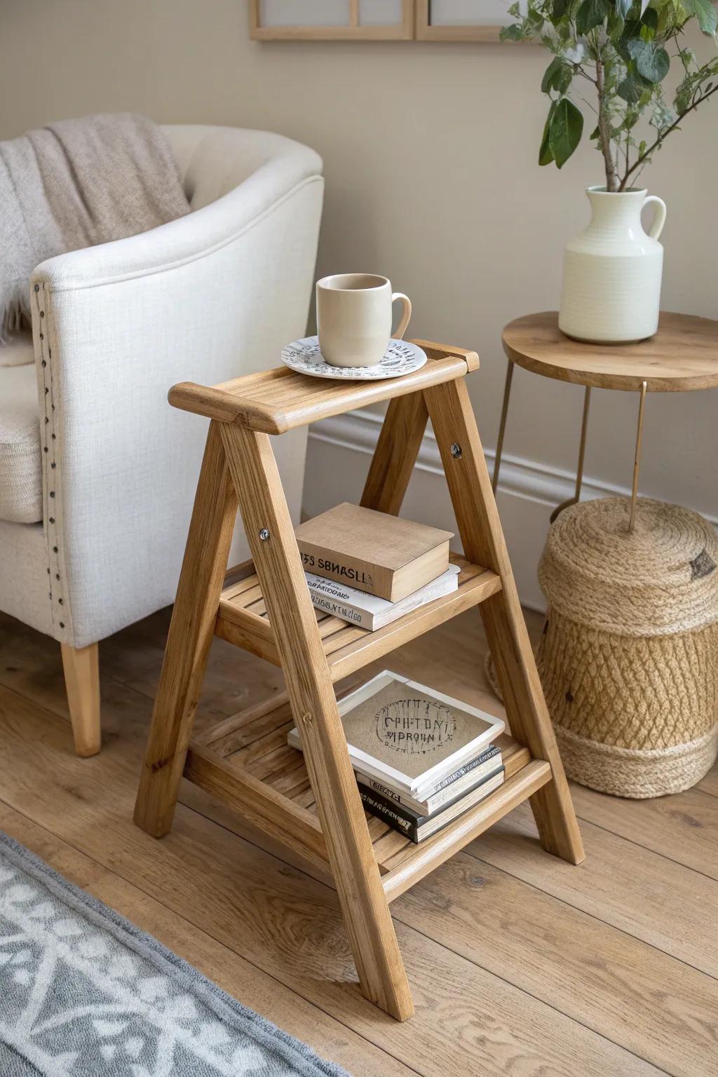 A petite step ladder doubles as a chic side table—mug on top, books and candle below.