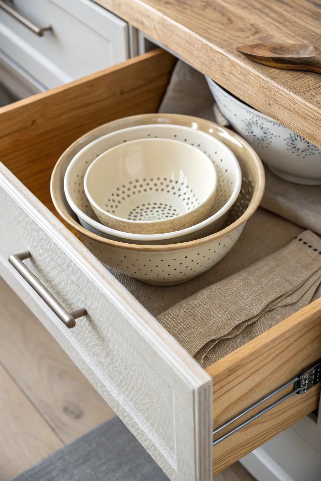 Nest bowls + colanders as one set in a drawer bin—no more noisy domino effect.