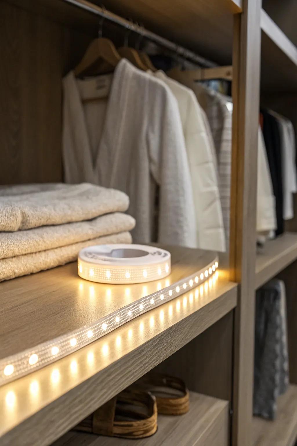 Stick-on LED strips brighten deep narrow closets so every inch feels easy to reach.