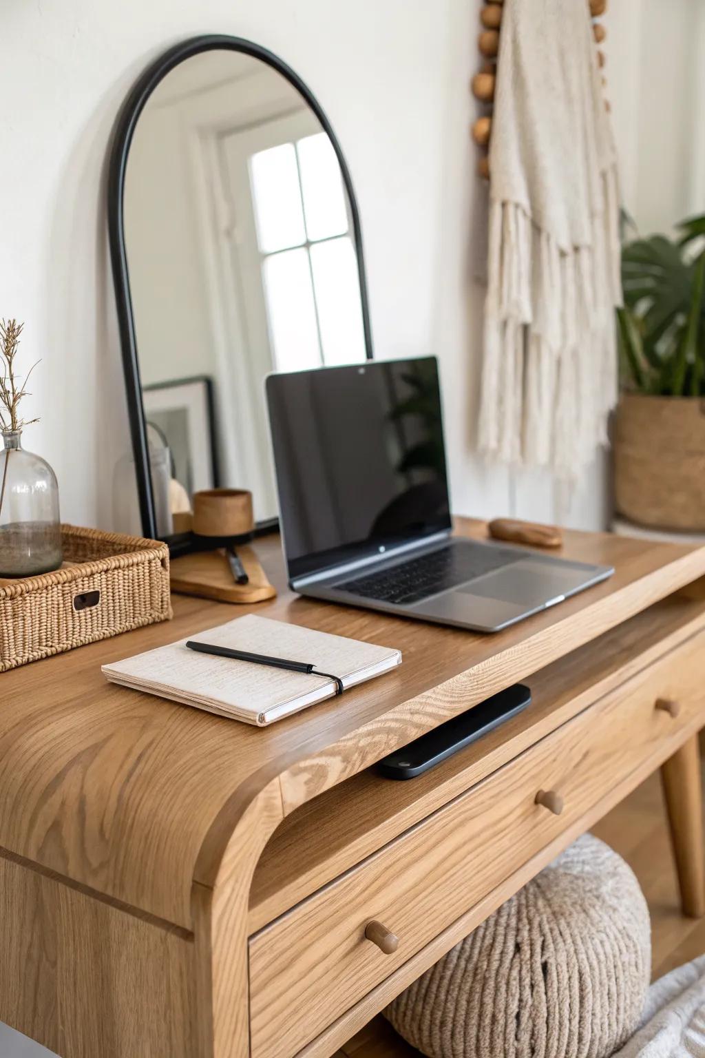 A laptop riser doubles as a vanity base—add a leaning mirror for a tidy layered setup.