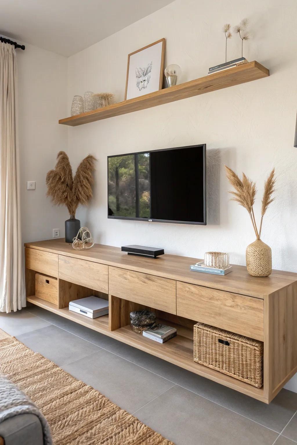 A floating desk under the TV doubles as a media console—workspace by day, calm living room by night.