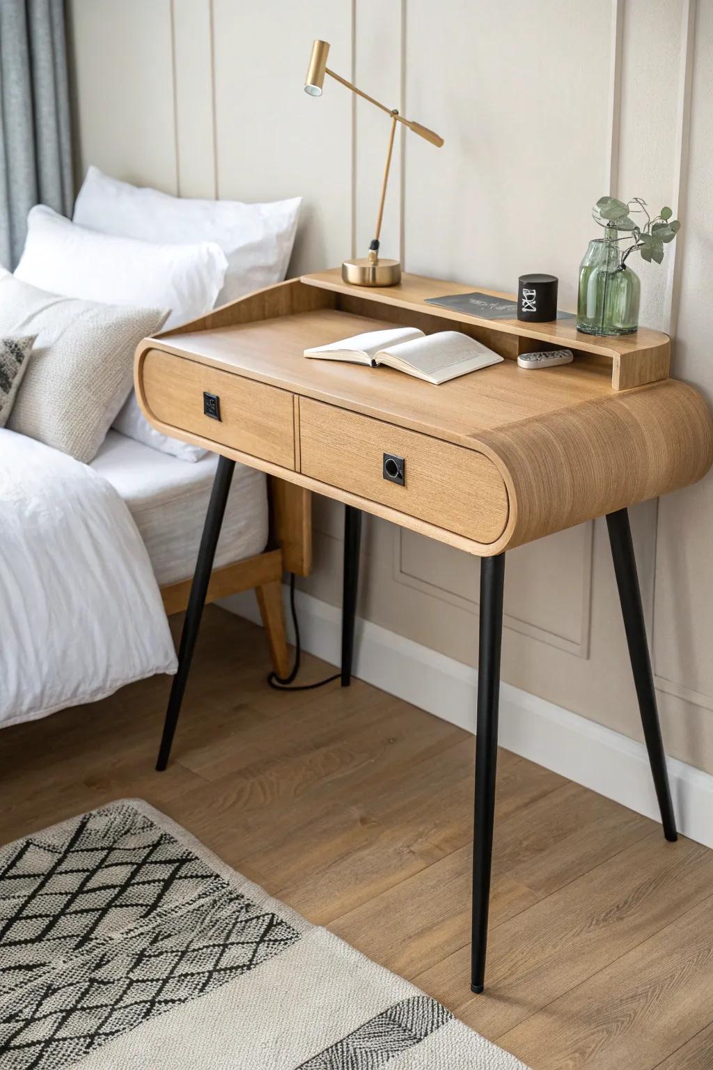 One side desk, one side nightstand—match finishes for a balanced small-space bedroom.