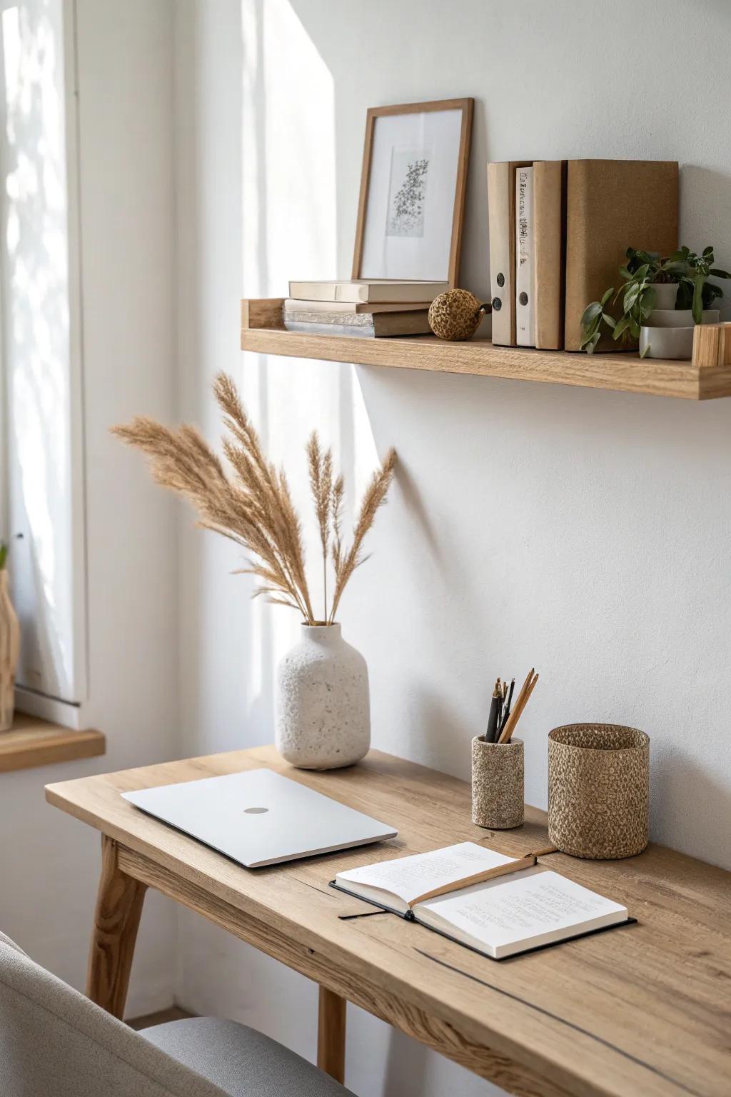 Slim wall shelf keeps your desk clear—vertical storage with notebooks and a little decor.