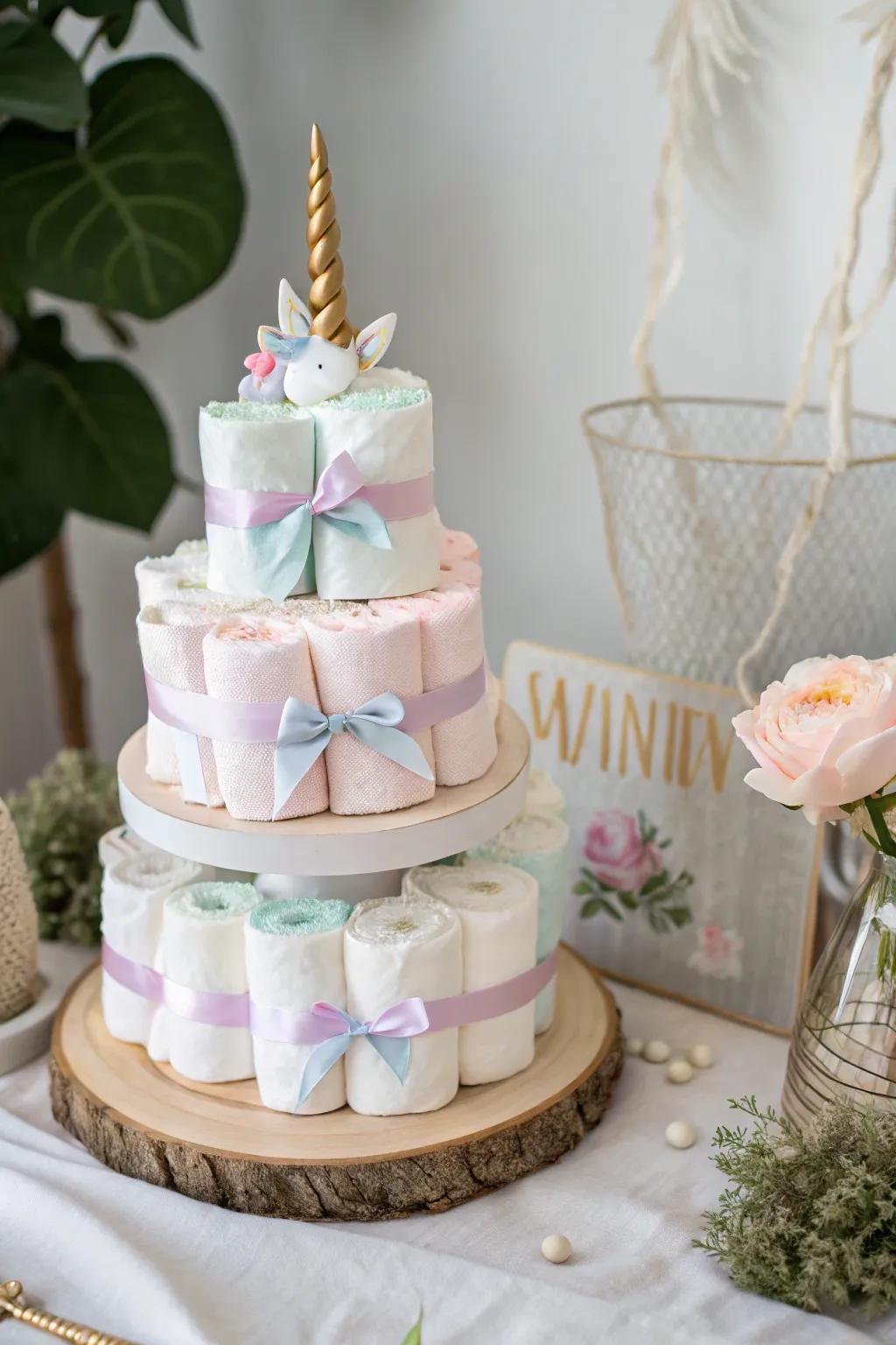 Step into a world of whimsy with this magical unicorn diaper cake for twins, where simplicity meets enchantment.
