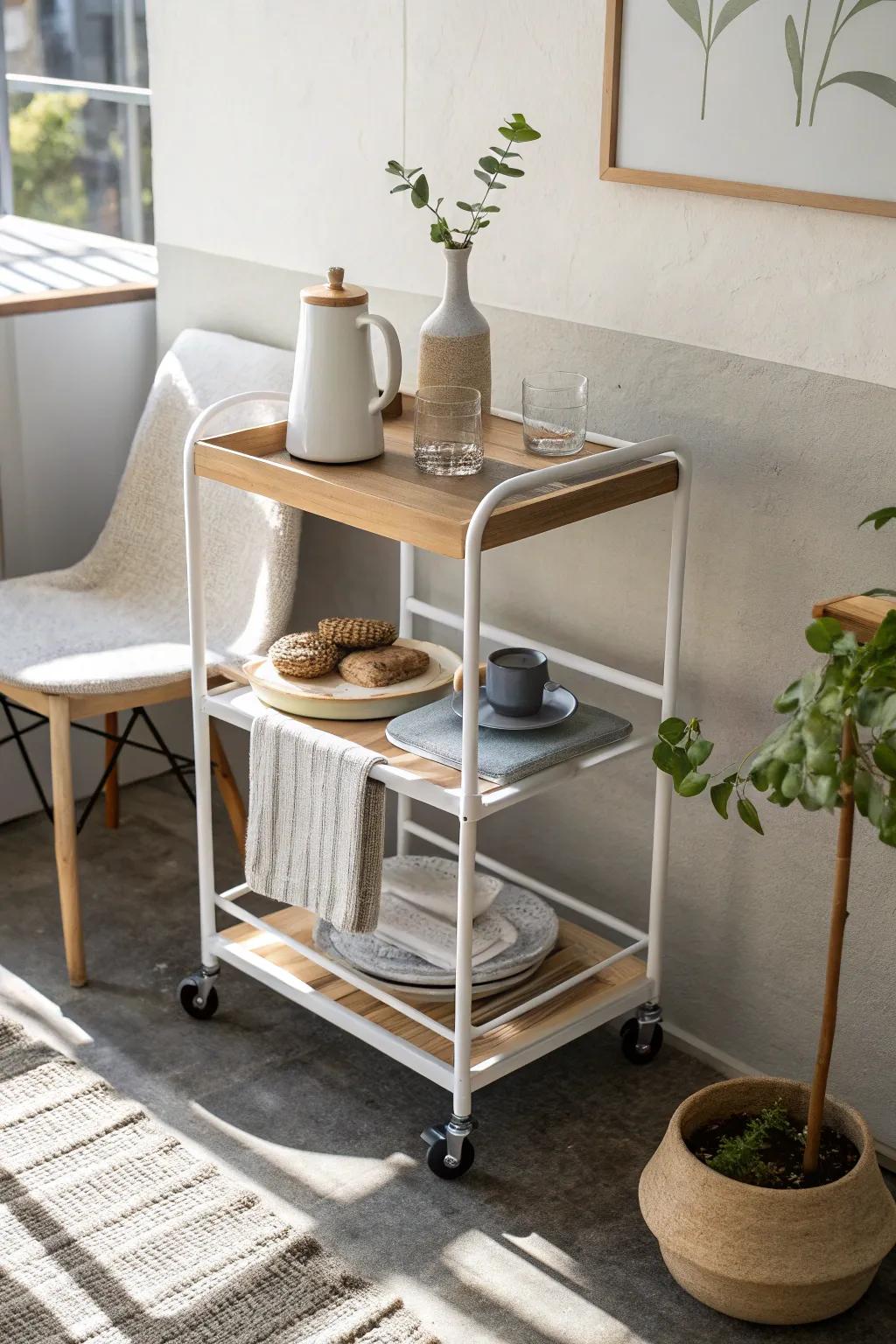 Try a rolling bar cart—small-space dining storage that moves in and out when you need it.