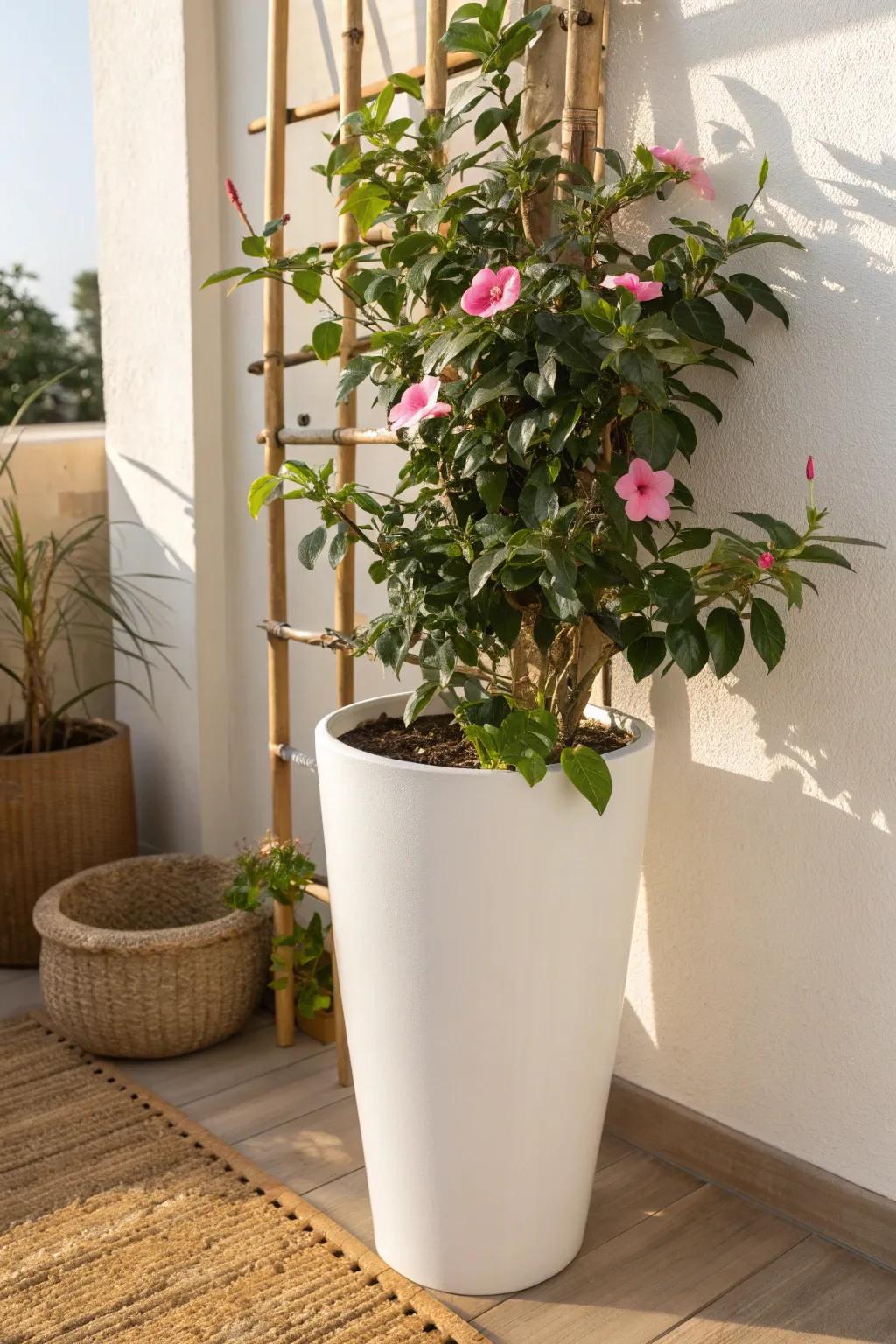 A tall planter and slim trellis give dipladenia vertical drama—perfect for narrow balconies.