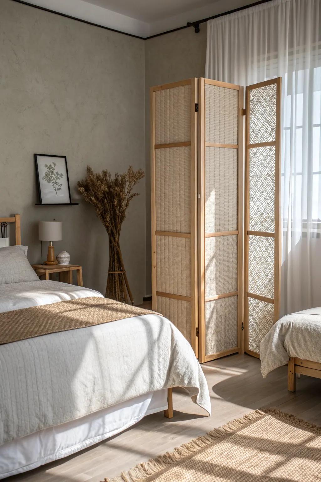 Instant privacy: a handcrafted linen-and-oak folding screen to split shared bedroom beds.