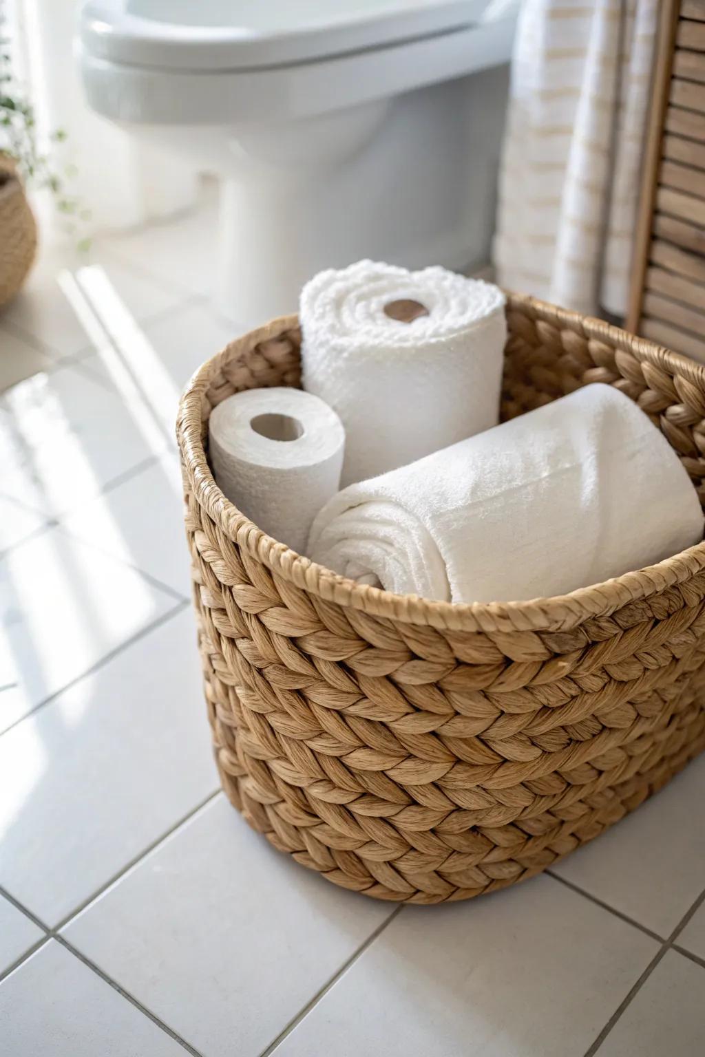 Thrifted woven basket storage: hide extra rolls and wipes for a calm, budget-friendly bathroom.
