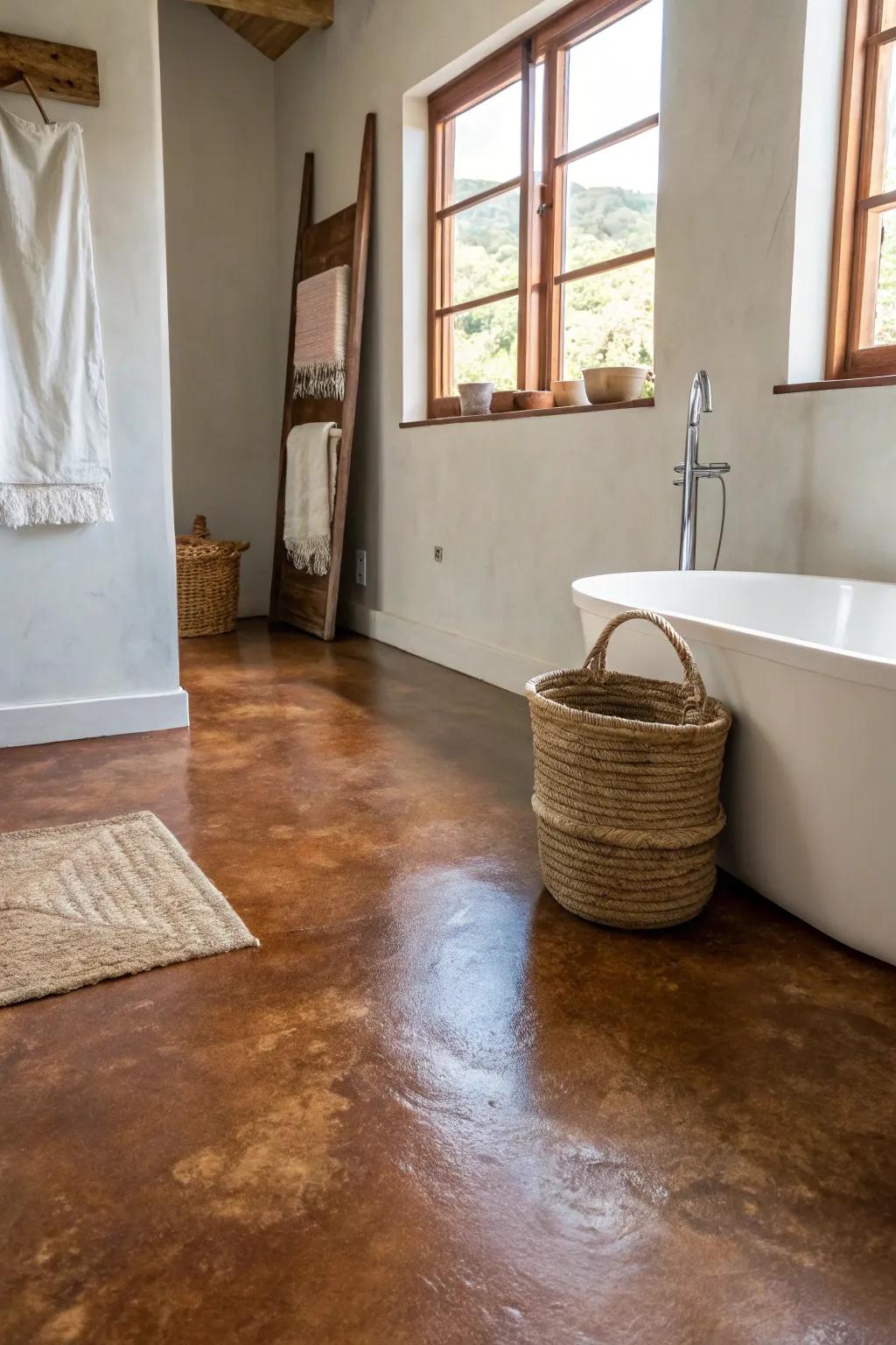 Elevate your bathroom with the timeless elegance of a stained concrete floor—where industrial meets boho chic.