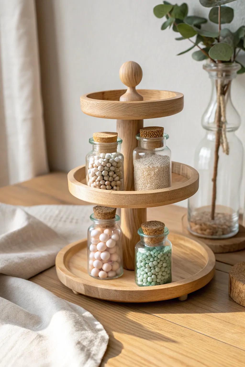 DIY tiered riser keeps your go-to beads visible and within reach—no extra desk space needed.