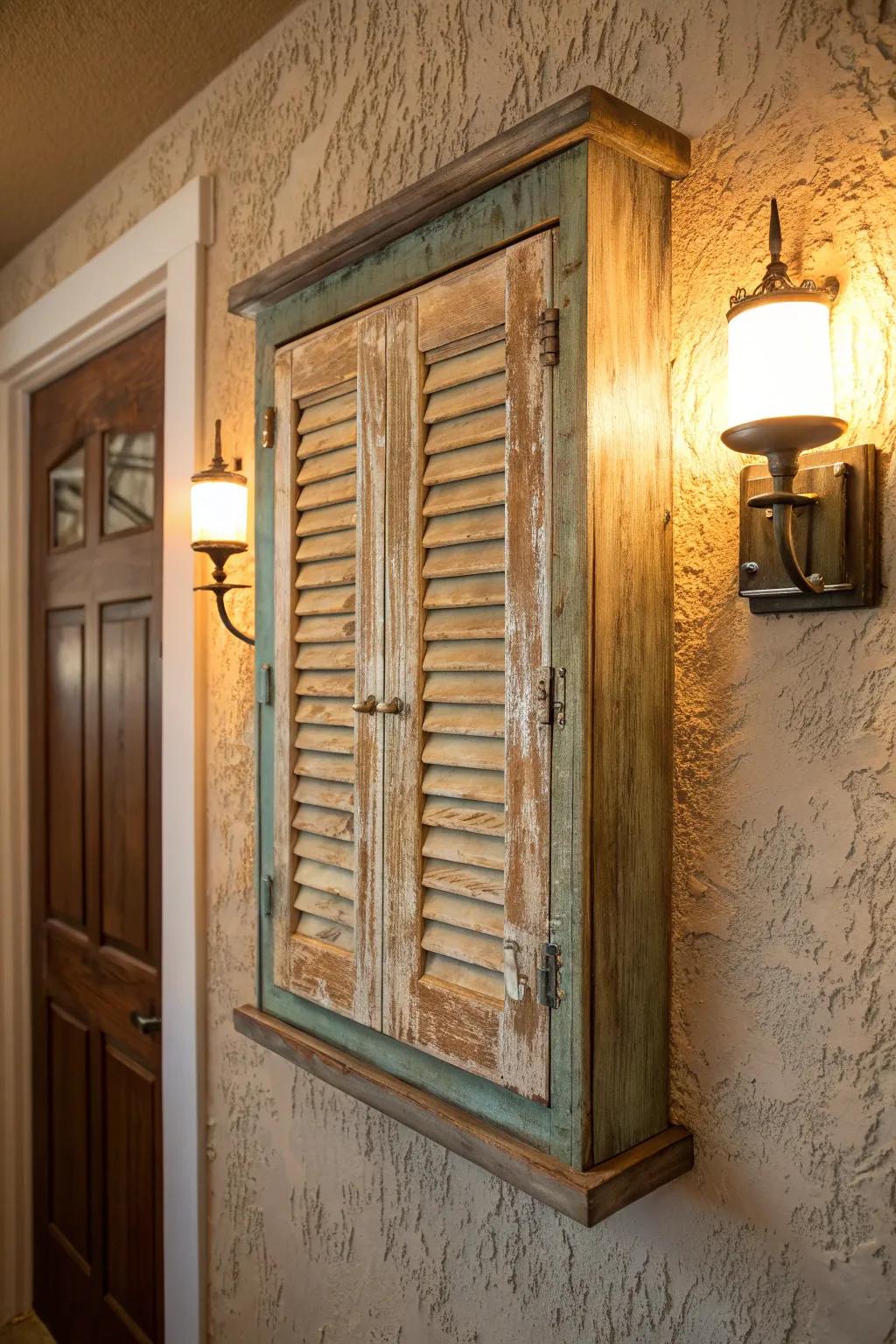 Transform your space with a touch of history—vintage shutters repurposed into a stunning breaker box cover.