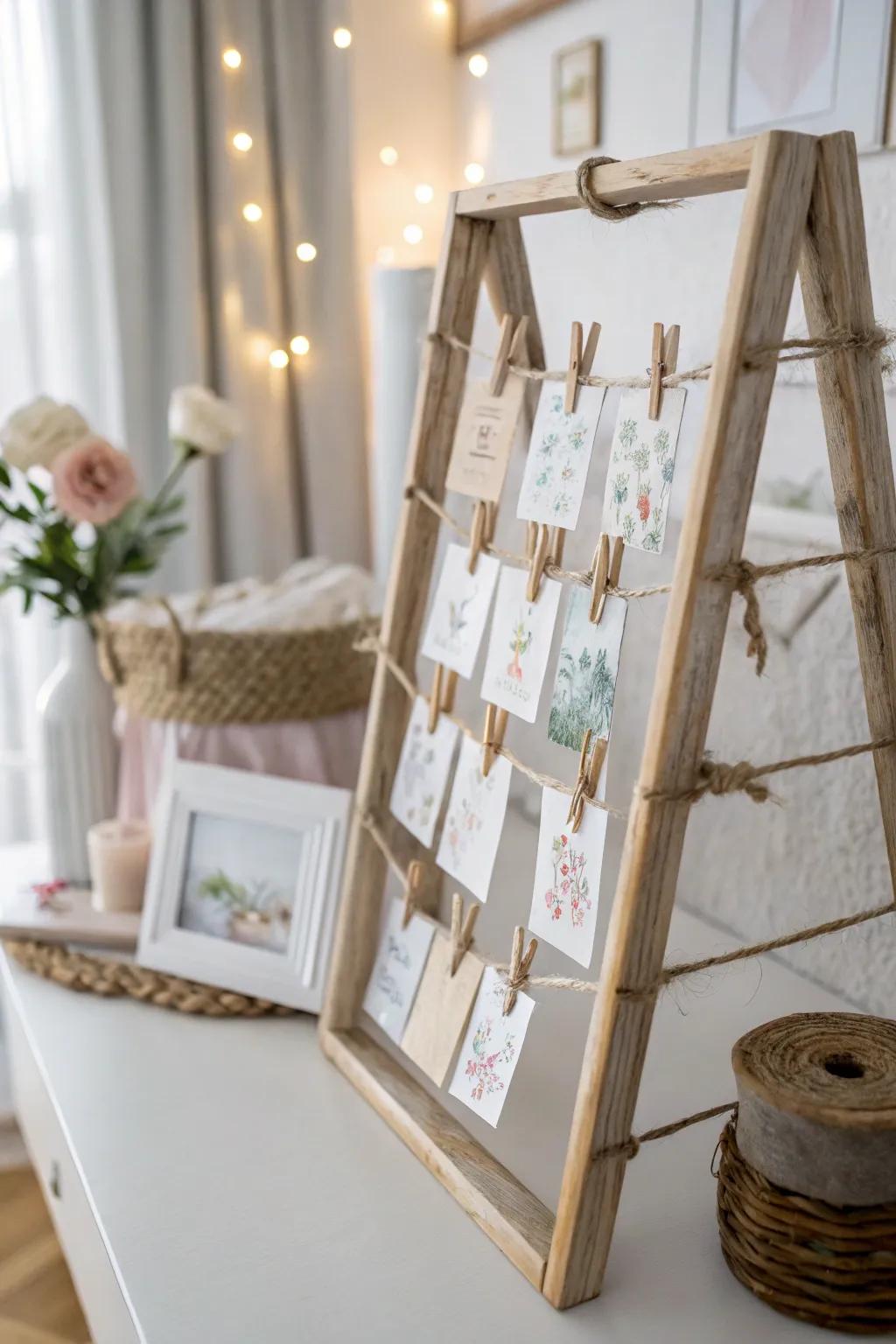 Elevate your card display with this charming clothespin string setup—where simplicity meets boho chic.